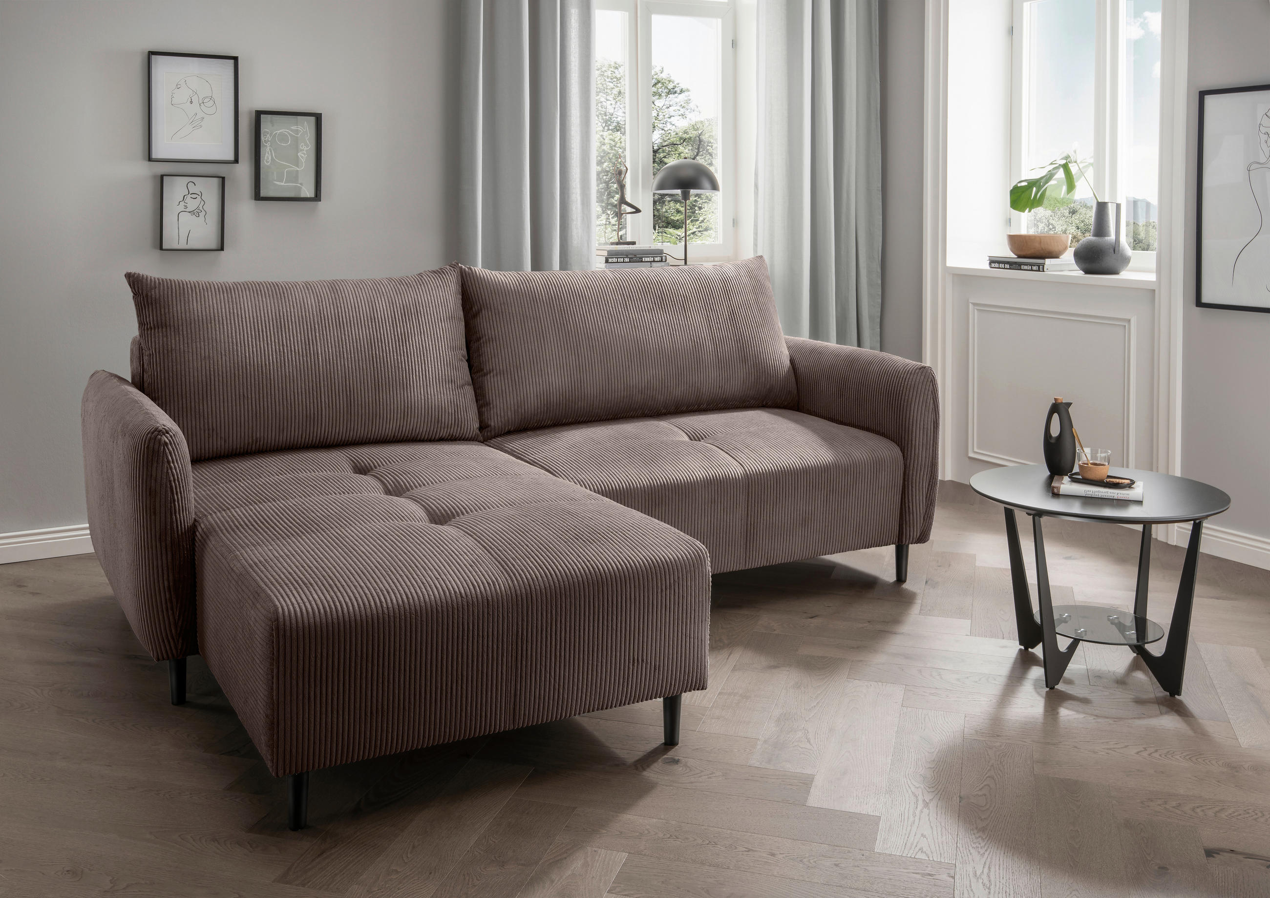ECKSOFA in Cord Graubraun - Graubraun/Schwarz, Basics, Holz/Textil (238/174cm) - Livetastic