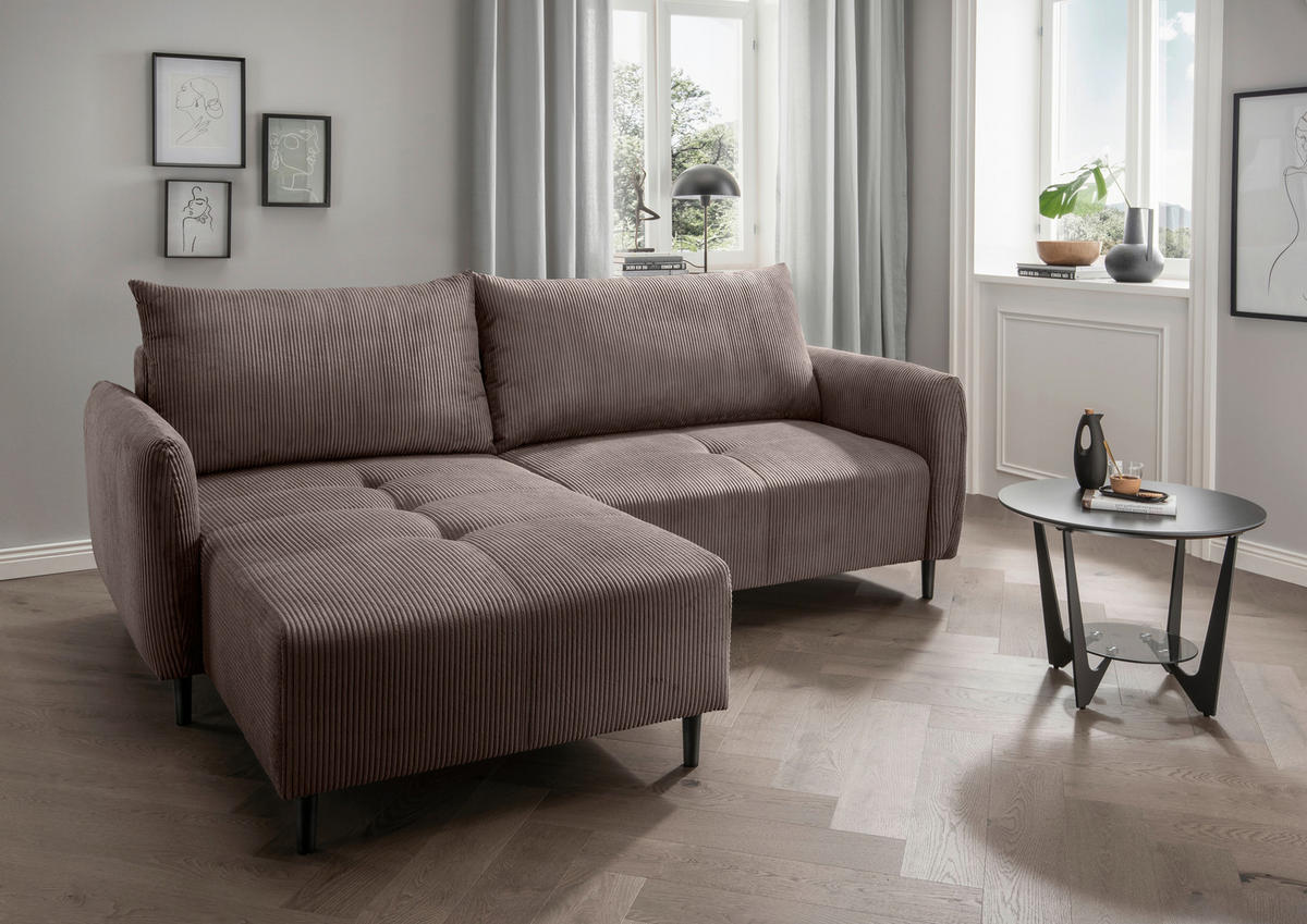 ECKSOFA in Cord Graubraun  - Graubraun/Schwarz, Basics, Holz/Textil (238/174cm) - Livetastic