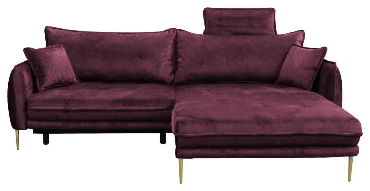ECKSOFA Weinrot Velours  - Weinrot/Goldfarben, Design, Textil/Metall (264/196cm) - MID.YOU