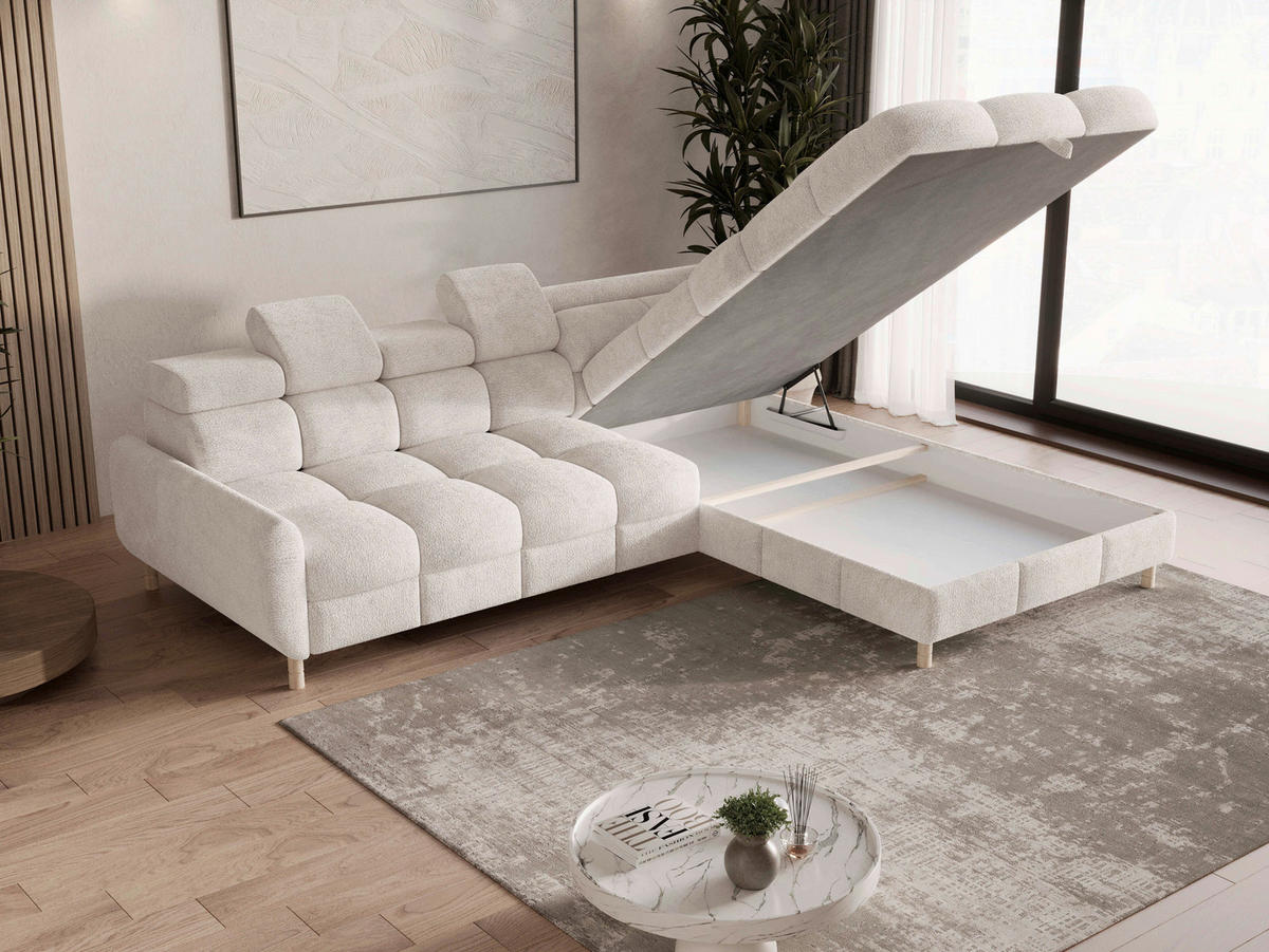 ECKSOFA BUN in Bouclé Weiß  - Elfenbein/Weiß, Design, Holz/Textil (276/209cm) - MID.YOU