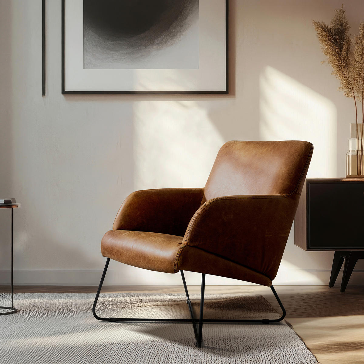 SESSEL in Echtleder Cognac  - Cognac/Schwarz, Design, Leder/Metall (67/87/74cm) - Livetastic