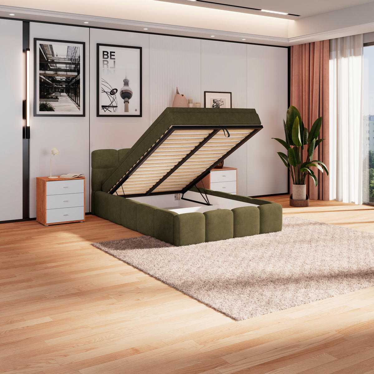 POLSTERBETT 120/200 cm,  in Grün, Matratze, Bettkasten, H3 = fest  - Schwarz/Weiß, Trend, Kunststoff/Textil (120/200cm)