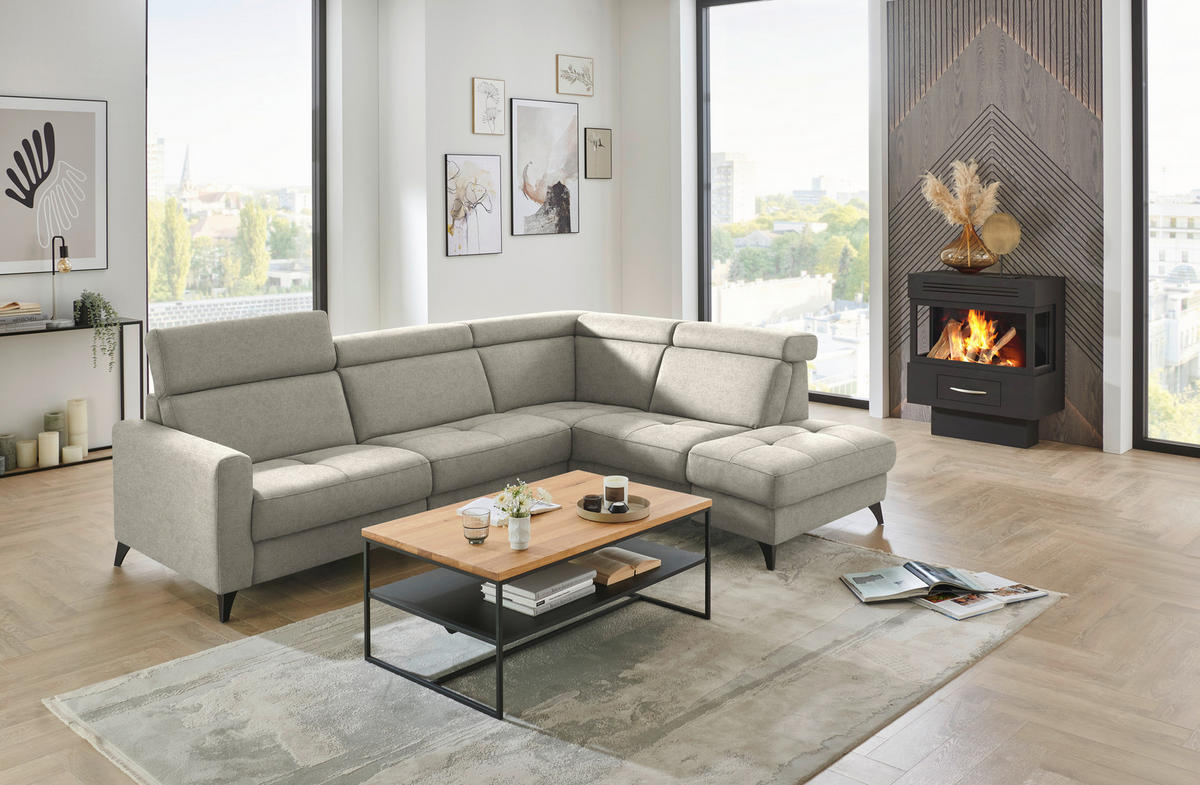 ECKSOFA Flachgewebe Ecru  - Ecru/Schwarz, Konventionell, Textil/Metall (276/214cm) - Beldomo System