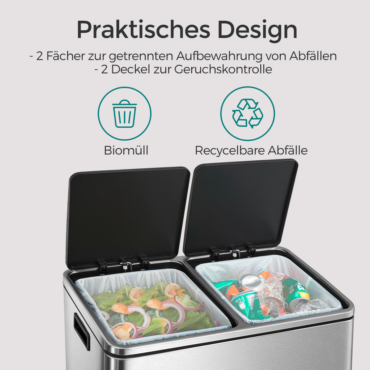 ABFALLSAMMLER 60 L  - Edelstahlfarben/Schwarz, Basics, Kunststoff/Metall (58,5/65/32cm)