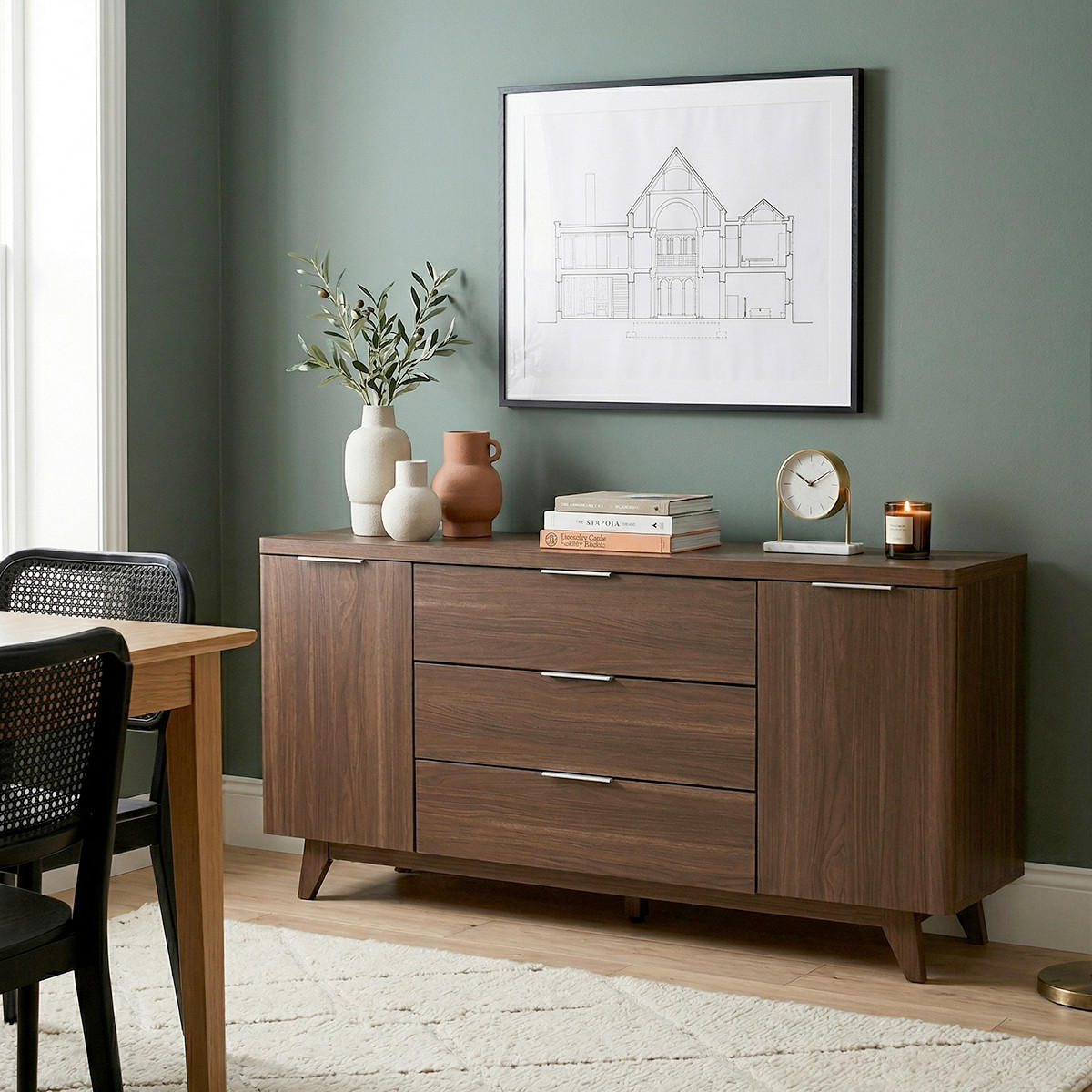 SIDEBOARD  160/77/39 cm 3 Schublade(n)  - Walnussfarben/Alufarben, KONVENTIONELL, Holzwerkstoff/Metall (160/77/39cm) - MID.YOU