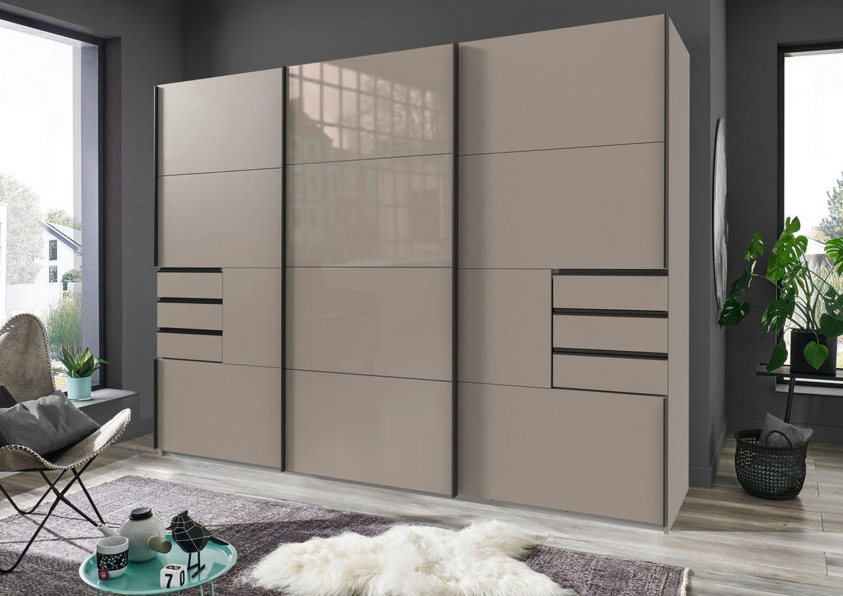 SCHWEBETÜRENSCHRANK 270/208/64 cm 3-türig Beige, Greige  - Greige/Beige, MODERN, Glas/Holzwerkstoff (270/208/64cm) - MID.YOU
