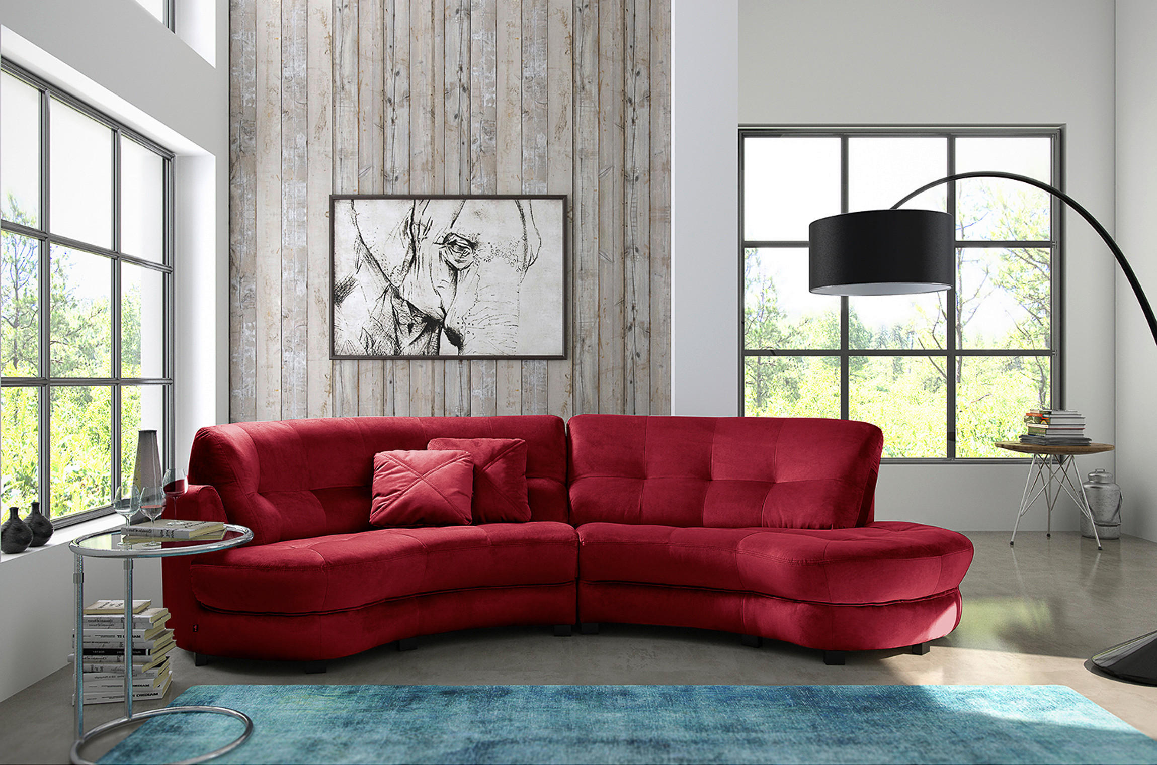 ECKSOFA in Samt Bordeaux  300/113 cm  - Bordeaux/Schwarz, Design, Kunststoff/Textil (300/113cm) - Livetastic