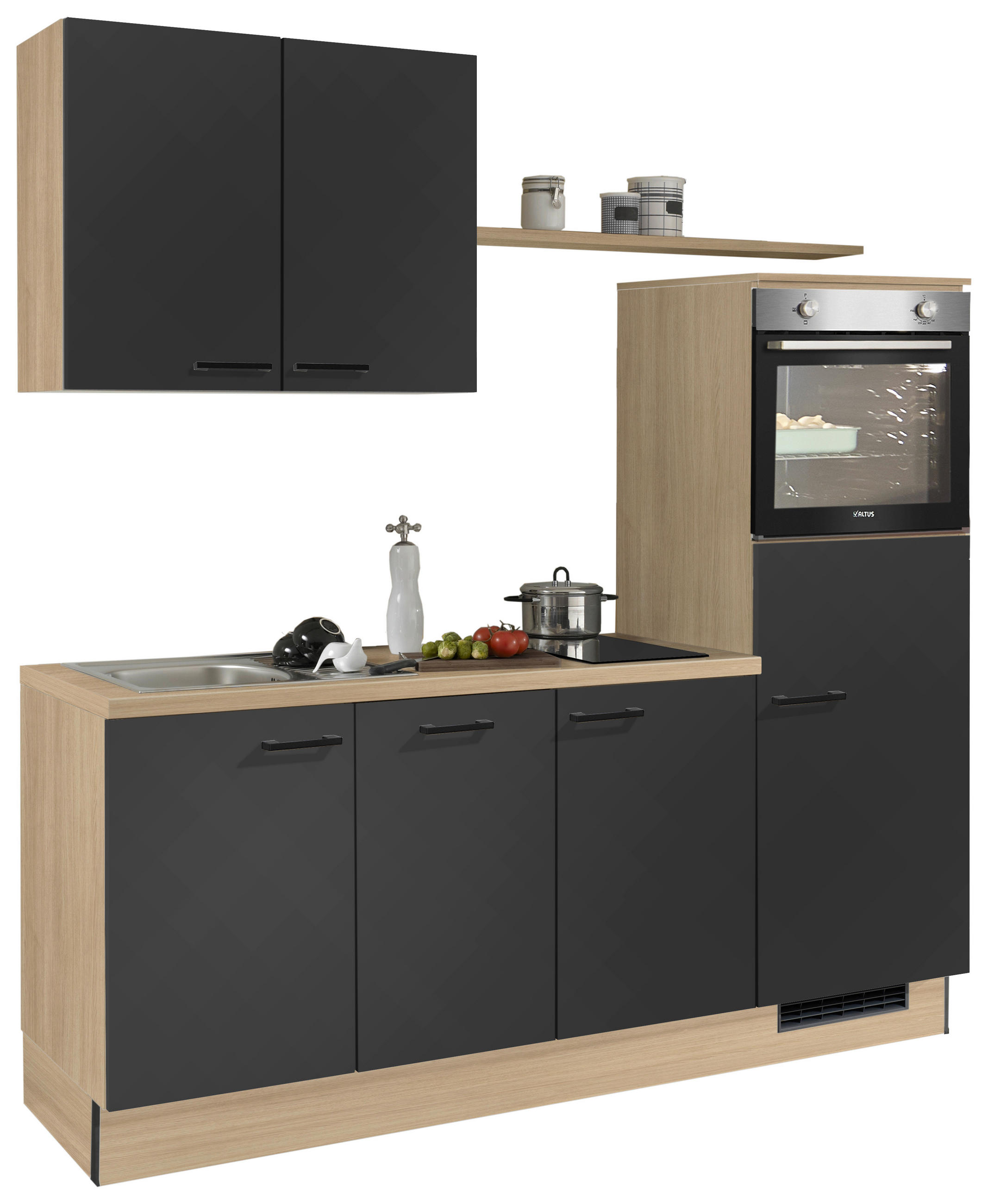 KÜCHENBLOCK 205 cm   in Graphitfarben, Eichefarben  - Edelstahlfarben/Eichefarben, Design, Holzwerkstoff/Metall (205cm) - Xora