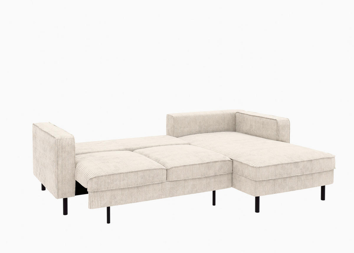 ECKSCHLAFSOFA WATKINS  mit Schlafen auf Sitzhöhe, Rücken echt, Armteil links, Armteil rechts Cord Creme  - Creme/Schwarz, MODERN, Textil/Metall (232/161cm) - Trendmanufaktur