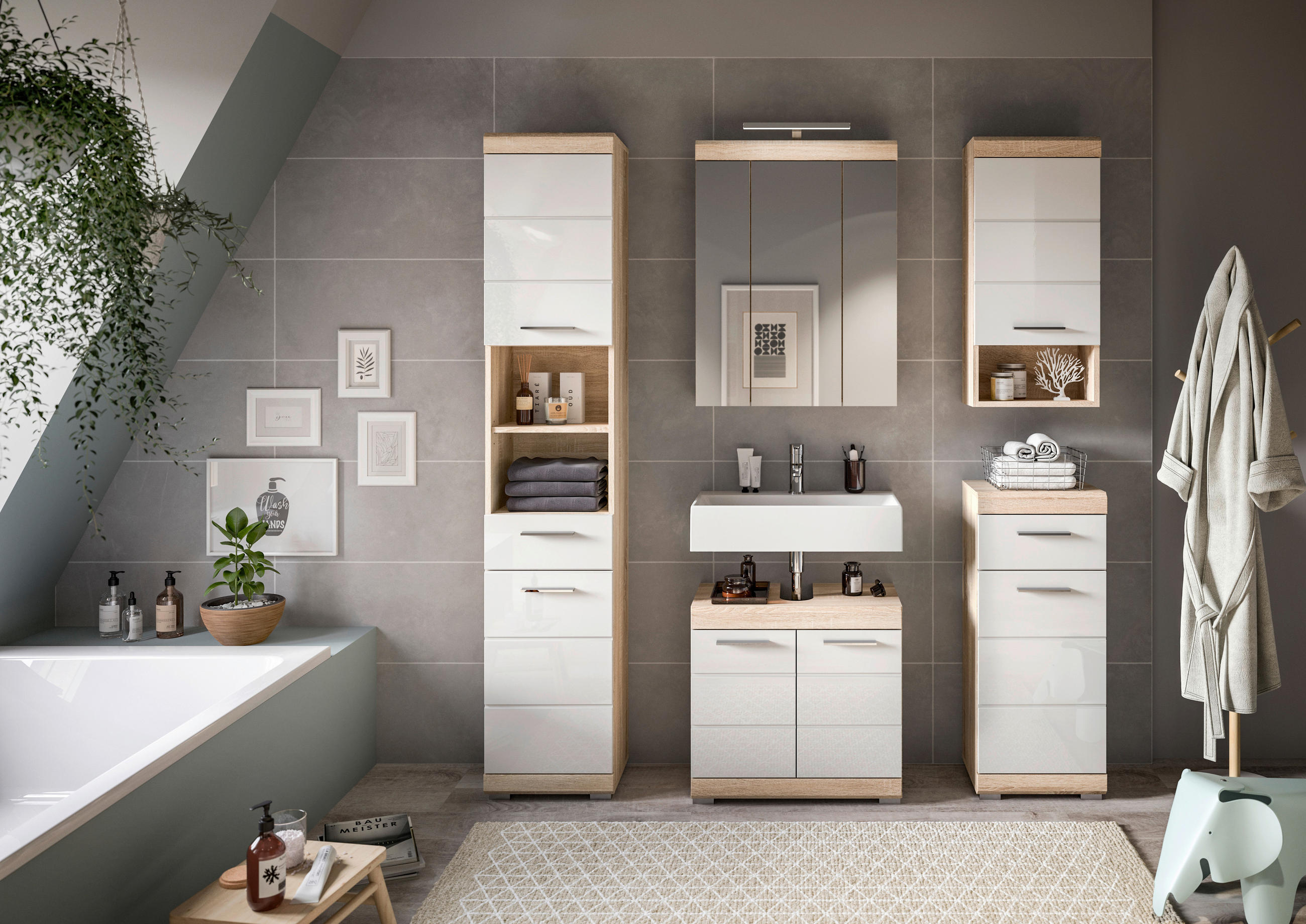 BADEZIMMER 5-teilig  in 134 cm  - Weiß Hochglanz/Silberfarben, MODERN, Glas/Holzwerkstoff (134cm) - MID.YOU