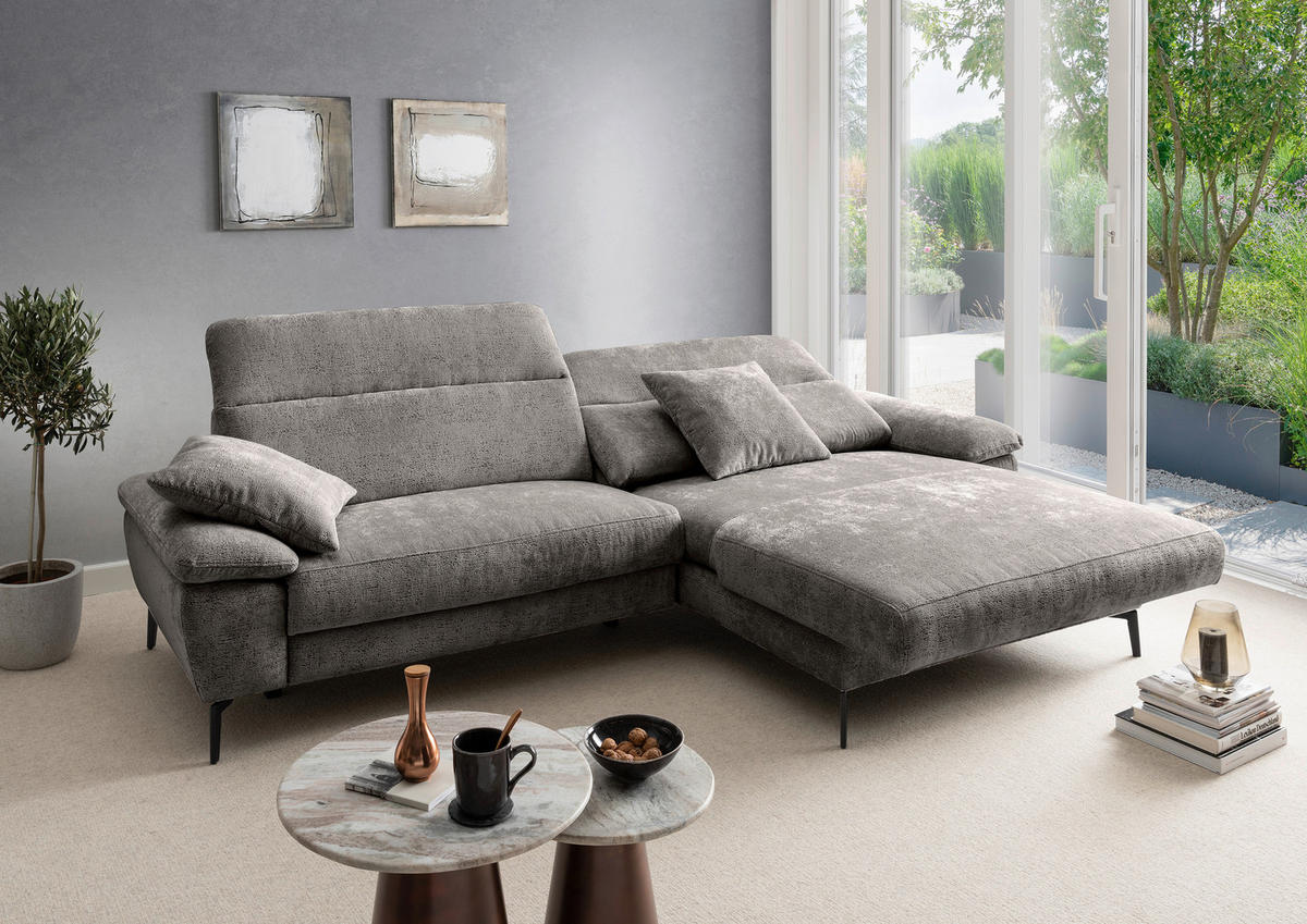 ECKSOFA CANCELLI Anthrazit Chenille Zierkissen, Relaxfunktion  - Anthrazit/Schwarz, KONVENTIONELL, Textil/Metall (300/178cm) - Livetastic