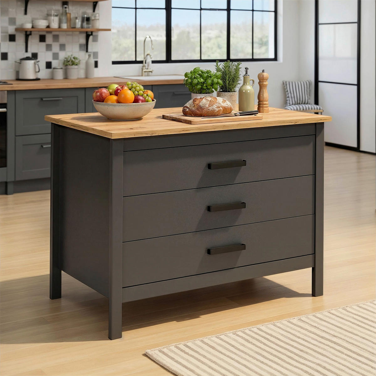 KÖKSÖ 124/91/75 cm  i antracit, ek Artisan  - svart/ek Artisan, Modern, metall/trämaterial (124/91/75cm) - home24