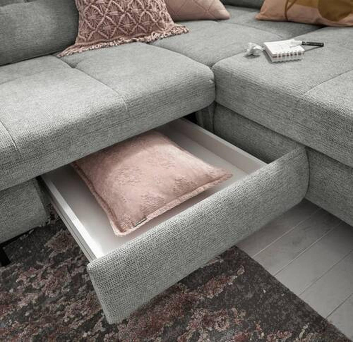 ECKSOFA Hellgrau Webstoff  - Hellgrau/Schwarz, KONVENTIONELL, Textil/Metall (220/314cm) - SetOne by Musterring