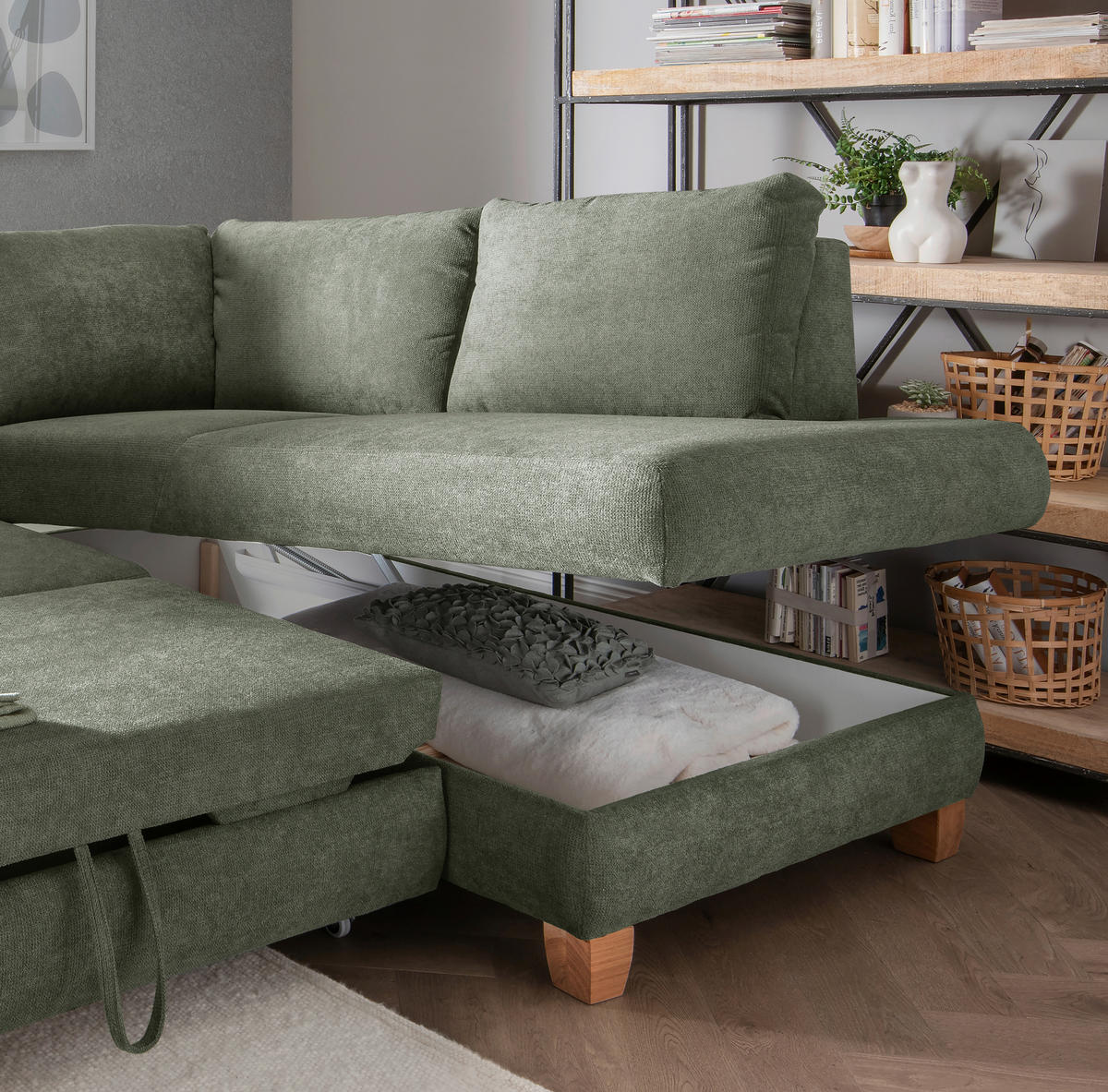 ECKSCHLAFSOFA Chenille Dunkelgrün  - Wildeiche/Dunkelgrün, MODERN, Holz/Textil (261/206cm) - Livetastic