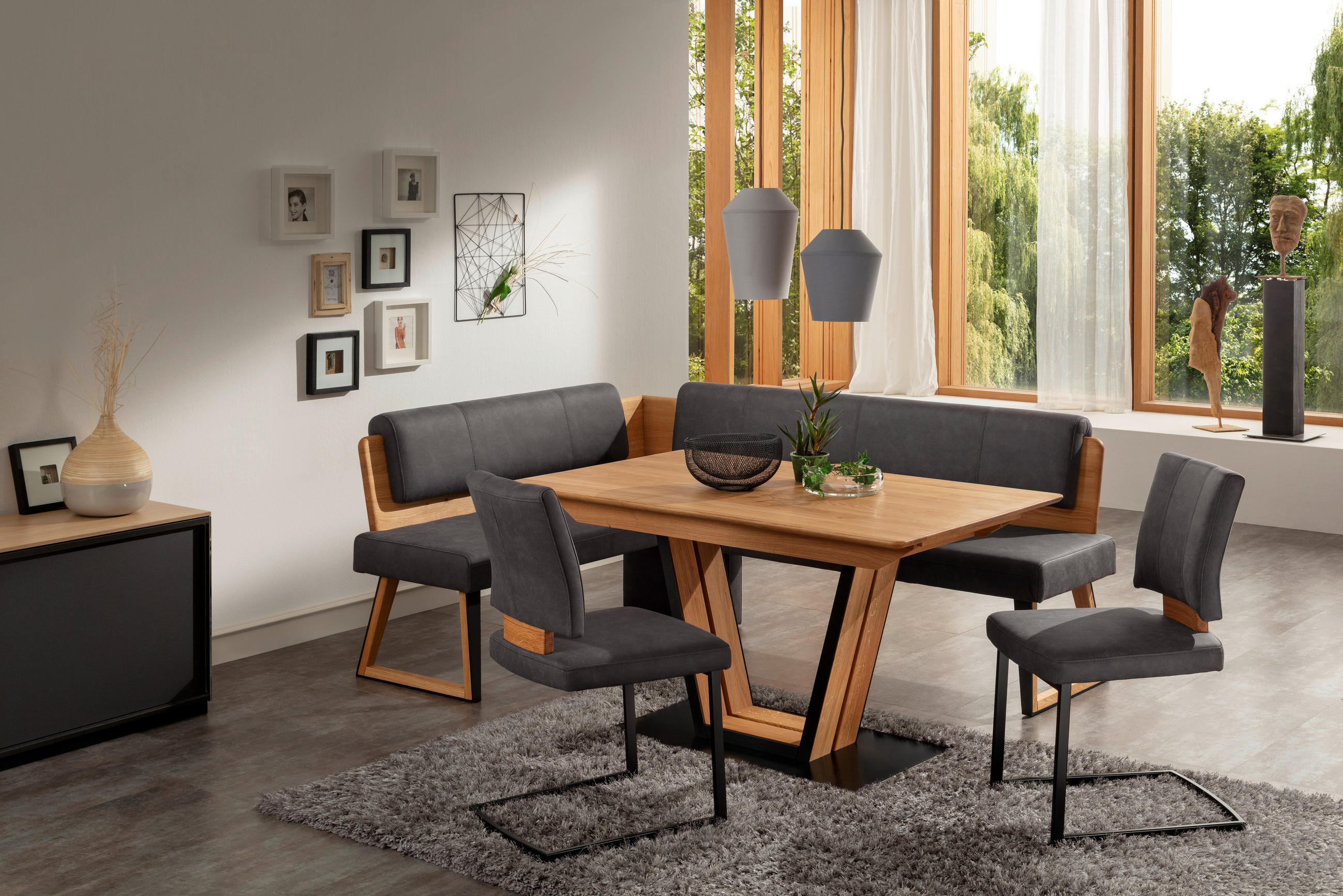 ECKBANK 155/195 cm Mikrofaser Dunkelgrau, Wildeiche Wildeiche massiv   - Wildeiche/Dunkelgrau, Design, Holz/Textil (155/195cm) - Venda