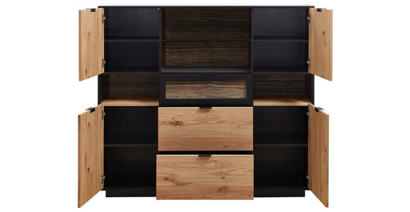 HIGHBOARD Schwarz, Eichefarben 145/130/38 cm - Eichefarben/Schwarz, Design, Glas/Holz (145/130/38cm) - Novel