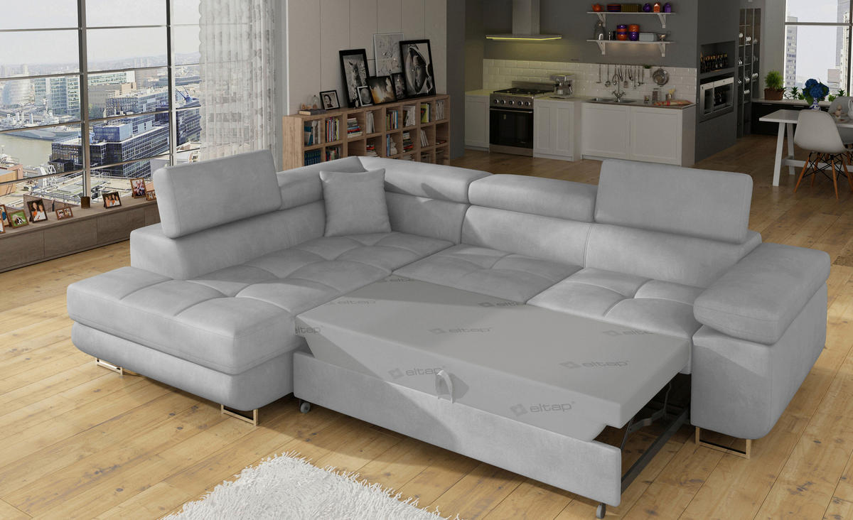 ECKSOFA ANTON Grau Flachgewebe Zierkissen, Bettkasten, Kopfteilverstellung  - Silberfarben/Grau, Design, Textil/Metall (203/272cm) - MID.YOU