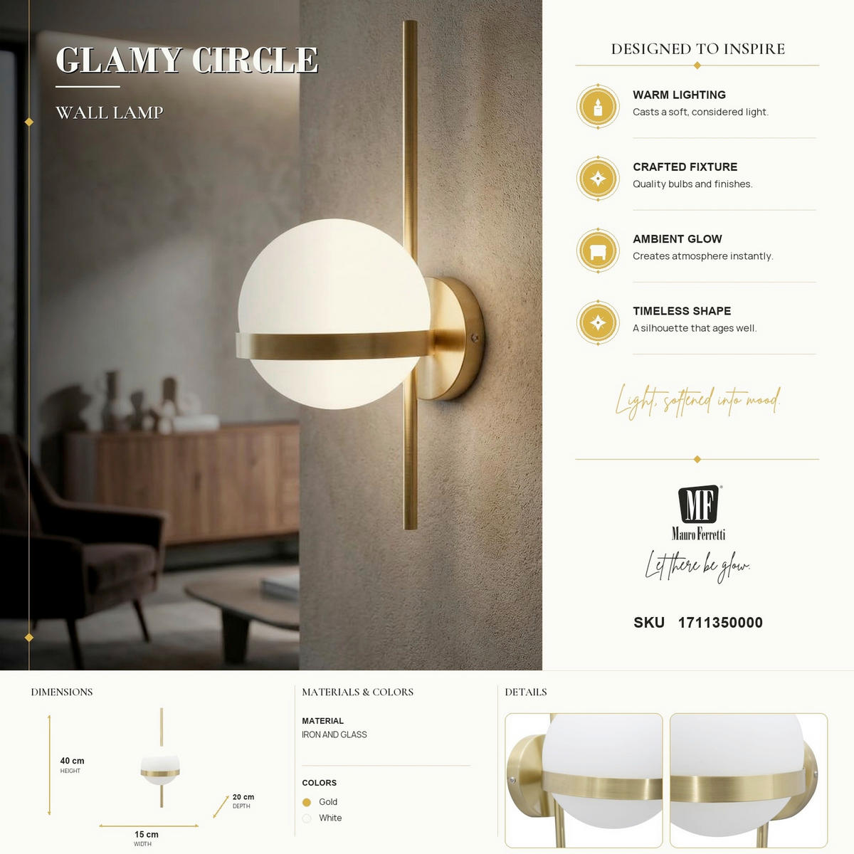 WANDLEUCHTE 15/20/40 cm  - Goldfarben/Weiß, Trend, Glas/Metall (15/20/40cm) - Mauro Ferretti
