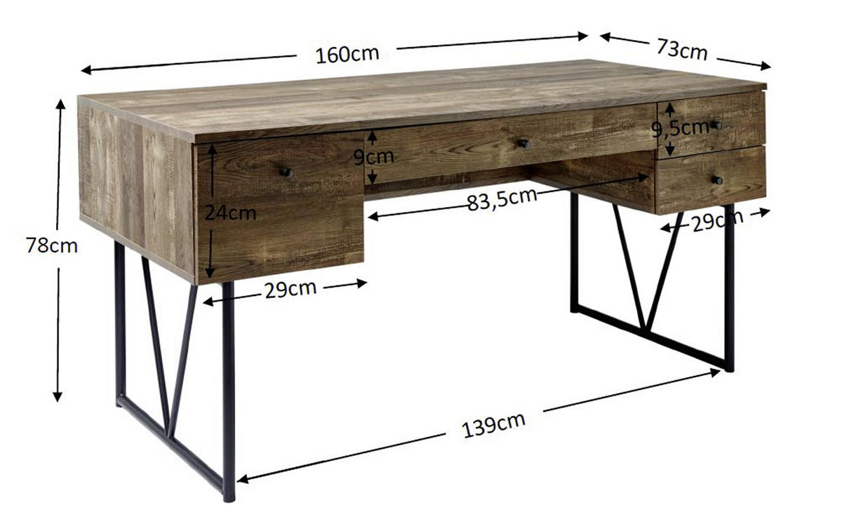 SCHREIBTISCH 160/73/77,5 cm  in Eichefarben  - Eichefarben/Anthrazit, Design, Holzwerkstoff/Metall (160/73/77,5cm)