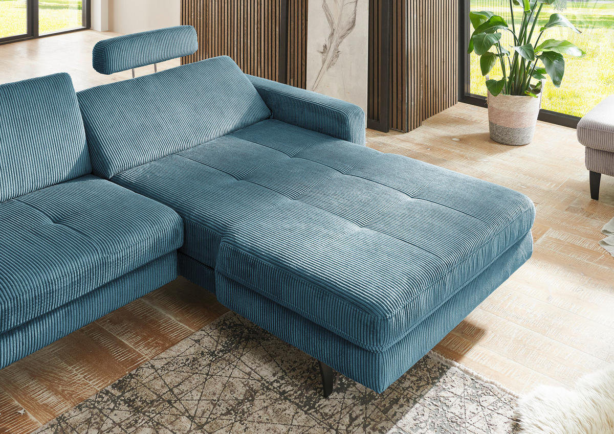 ECKSOFA in Cord Petrol  - Petrol/Schwarz, Modern, Textil/Metall (302/177cm) - Beldomo Style