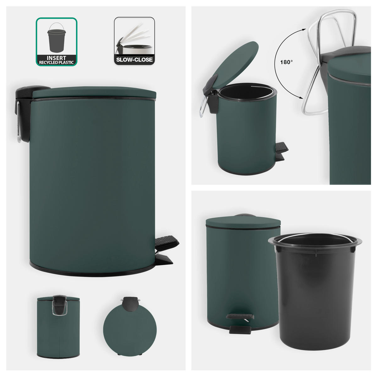 TRETEIMER ADELAR 3 L  - Dunkelgrün/Schwarz, Basics, Kunststoff/Metall (16.80/16.80/25.00cm) - Spirella
