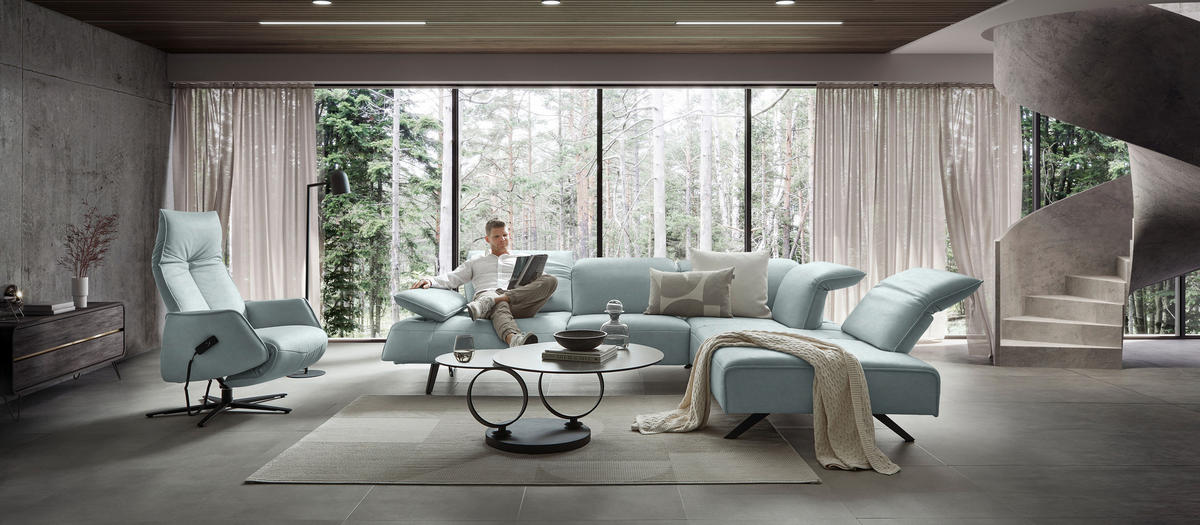 ECKSOFA Echtleder Hellblau  - Anthrazit/Hellblau, Design, Leder/Metall (290/230cm) - Johann Jakob