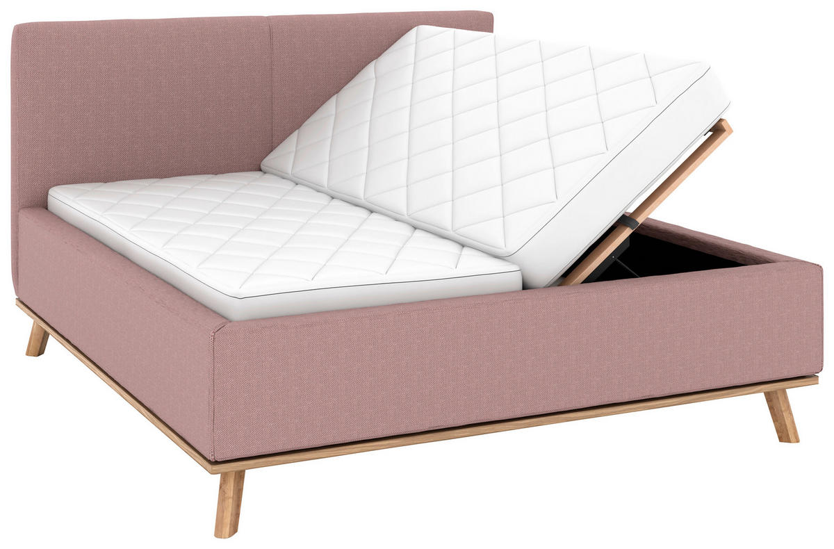 POLSTERBETT 180/200 cm,  in Altrosa, Matratze, Lattenrost, Bettkasten, unterschiedliche Matratzenhärtegrade je Bettseite, H2 + H3 = mittel + fest  - Eichefarben/Altrosa, Design, Holz/Textil (180/200cm) - Musterring