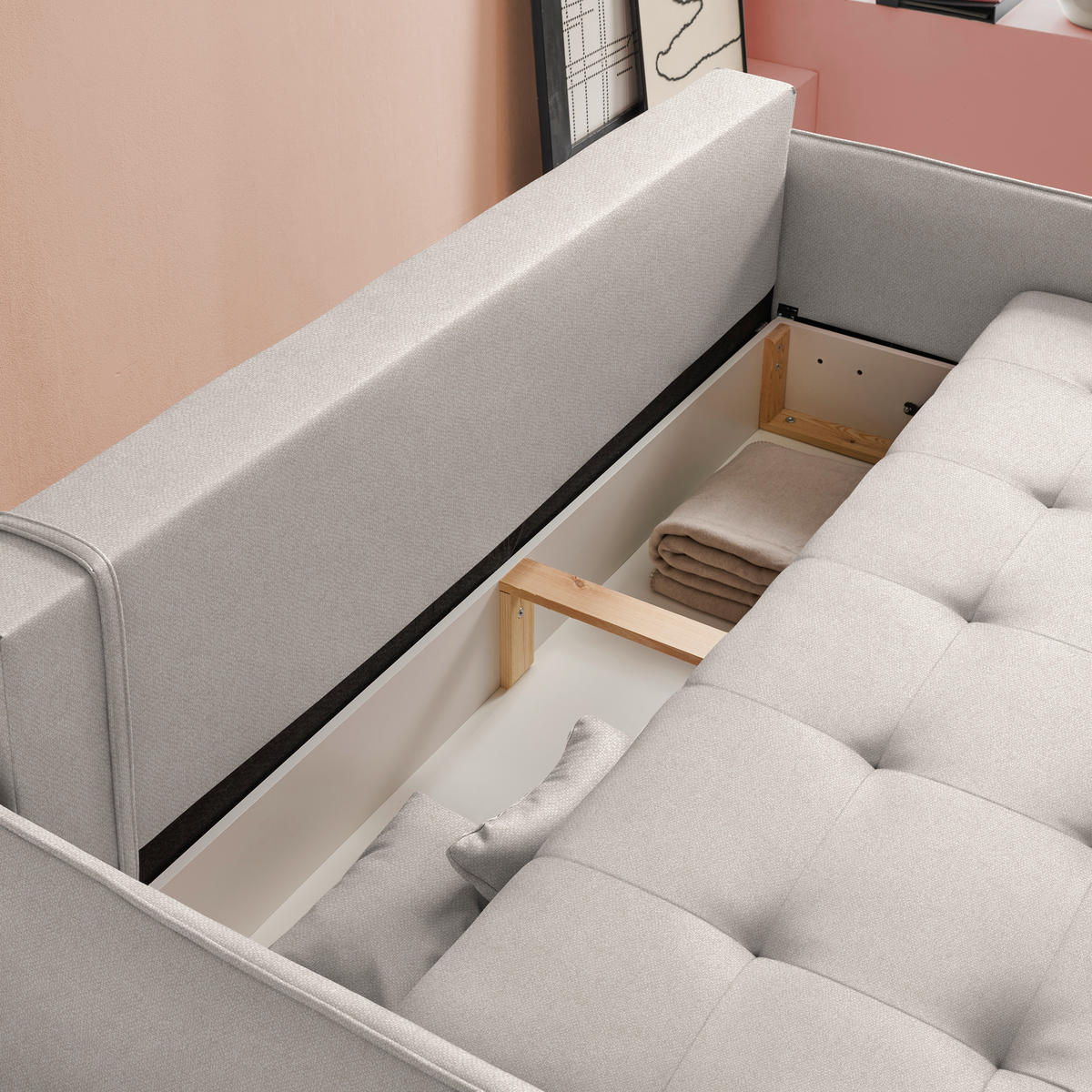 SCHLAFSOFA  in Struktur Beige  - Beige/Buchefarben, Design, Holz/Textil (217/97/101cm) - Carryhome