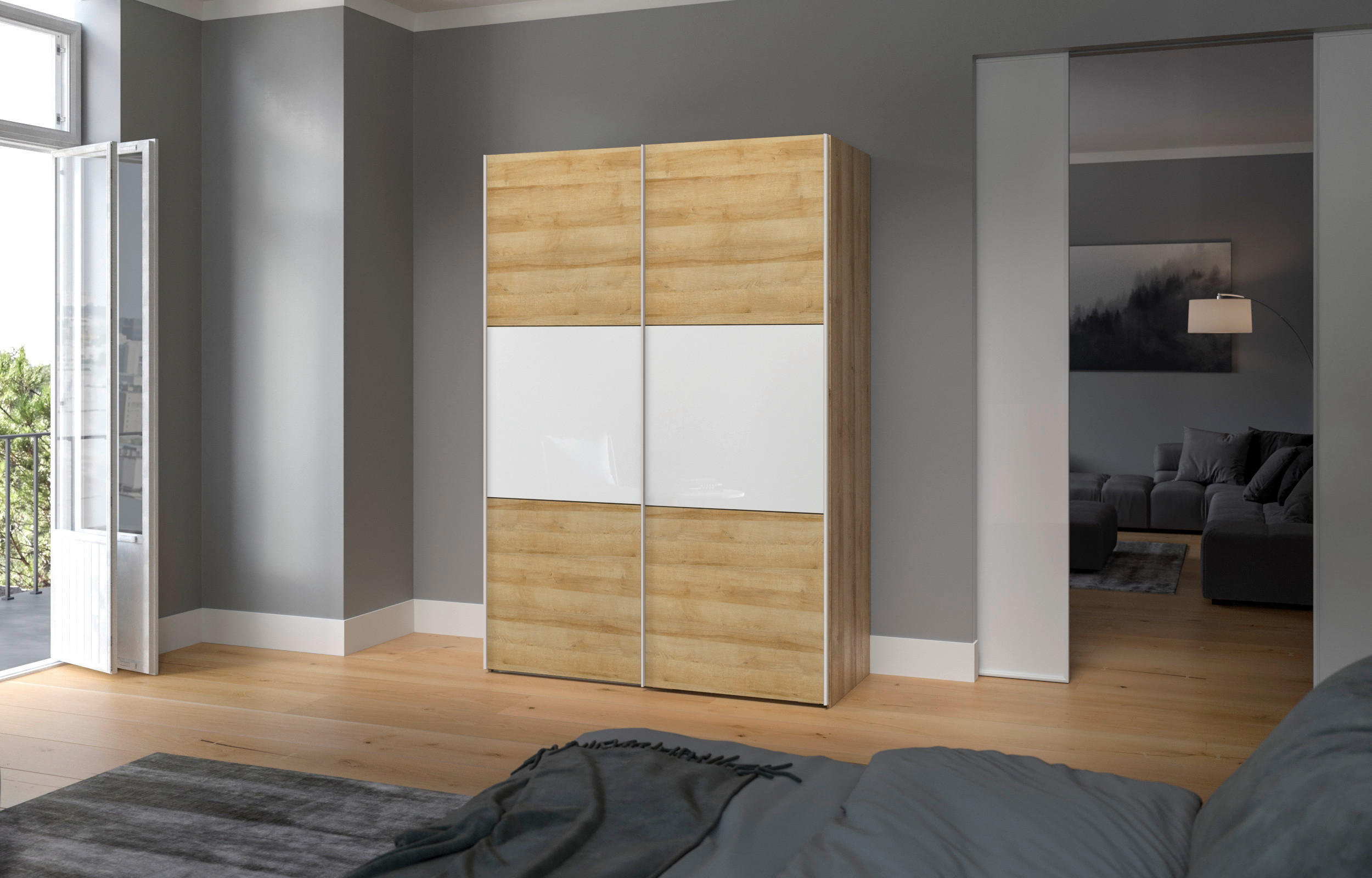 SCHWEBETÜRENSCHRANK 152/215/65 cm 2-türig Weiß, Eichefarben - Edelstahlfarben/Eichefarben, Design, Glas/Holzwerkstoff (152/215/65cm) - Boxxx