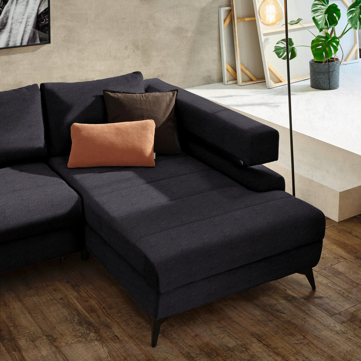 ECKSOFA in Chenille Schwarz  - Schwarz, KONVENTIONELL, Textil/Metall (265/184cm) - Hom`in