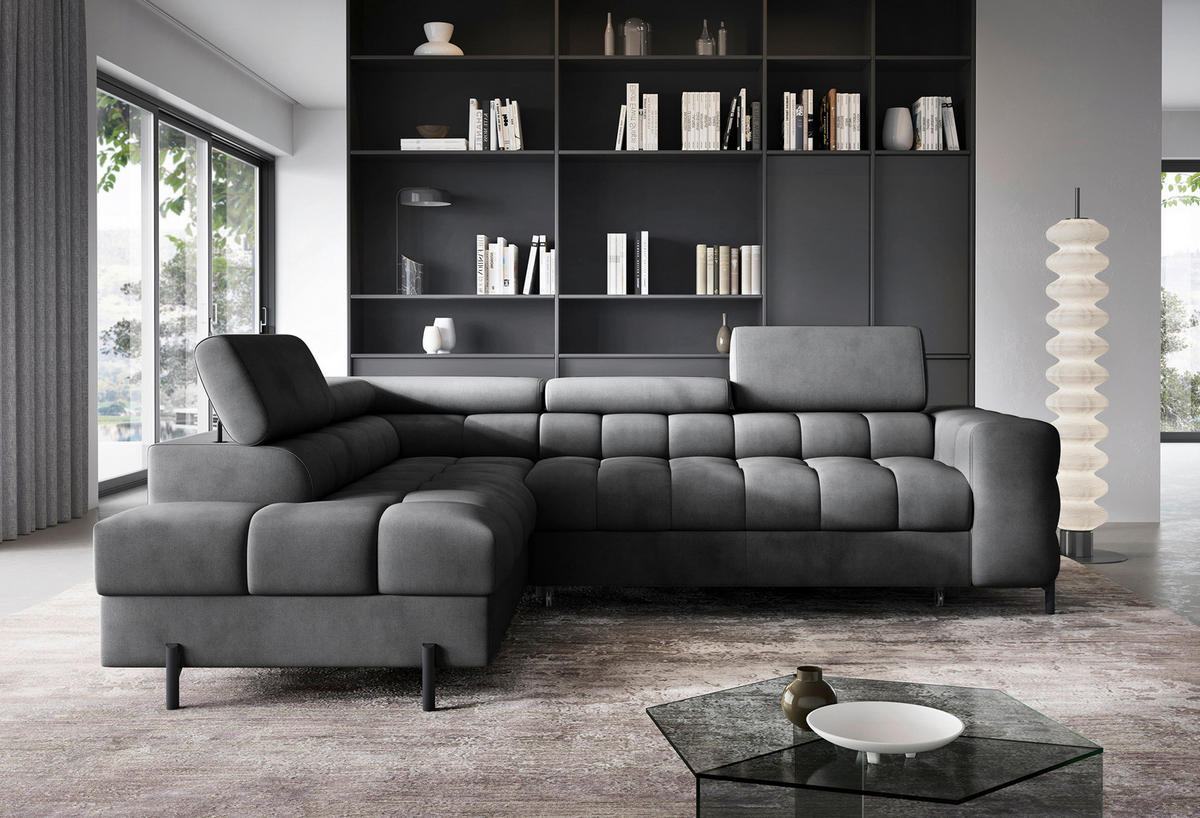 ECKSOFA FERUCCE Dunkelgrau Flachgewebe Bettkasten, Kopfteilverstellung  - Dunkelgrau/Schwarz, Design, Textil/Metall (200/276cm) - MID.YOU