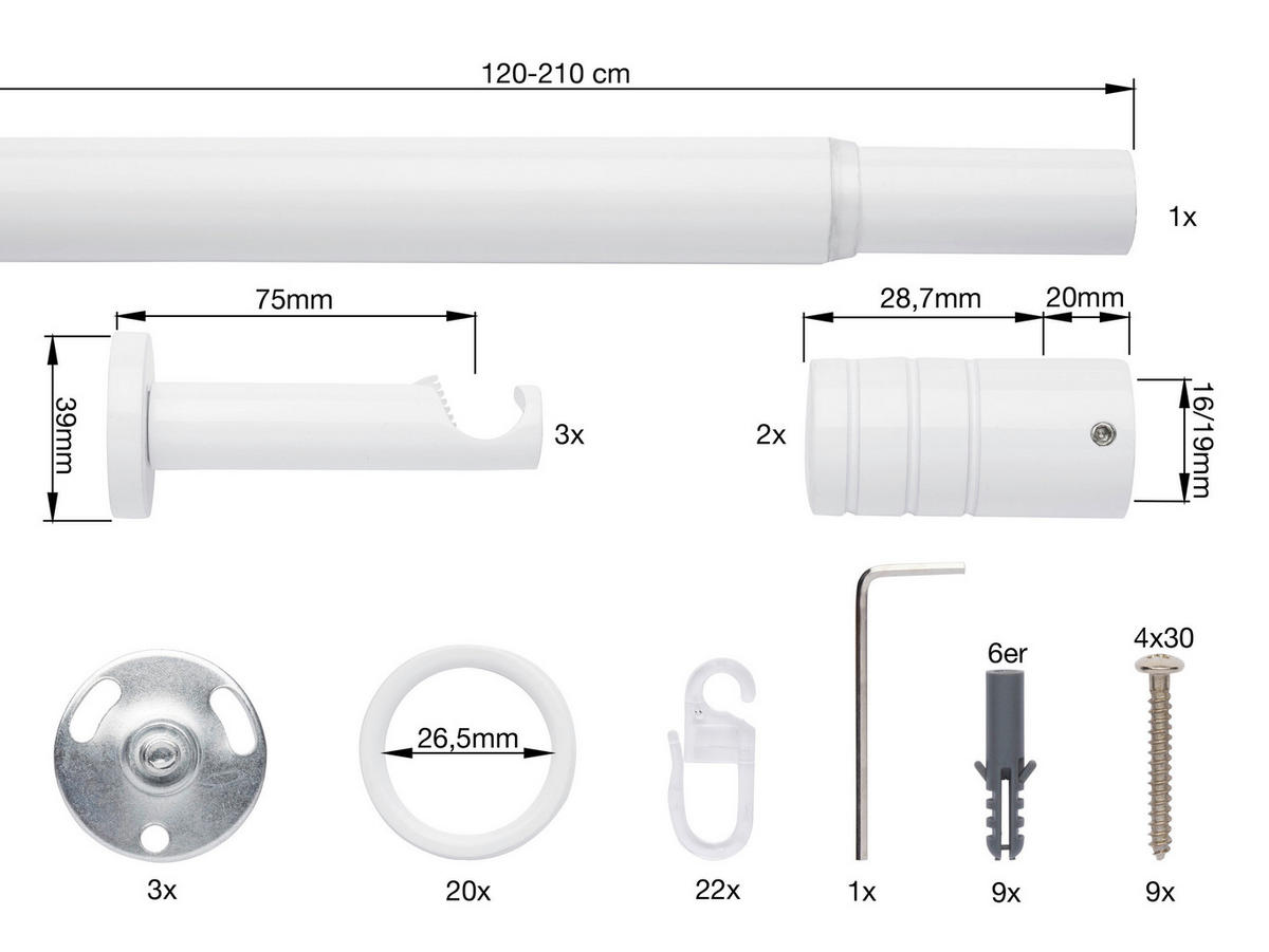VORHANGSTANGENSET 120 cm  - Weiß Hochglanz, Basics, Metall (120cm)