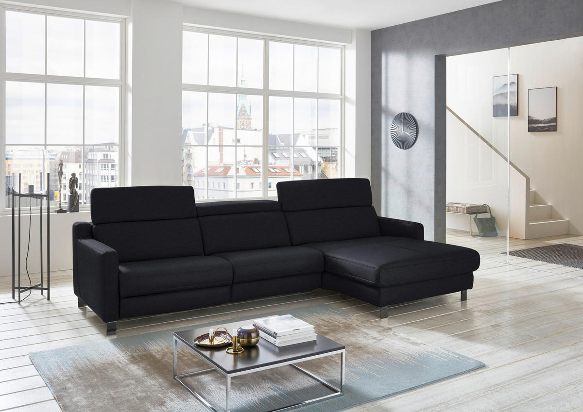 ECKSOFA in Echtleder Schwarz  - Schwarz, Design, Leder/Metall (291/176cm) - Valdera