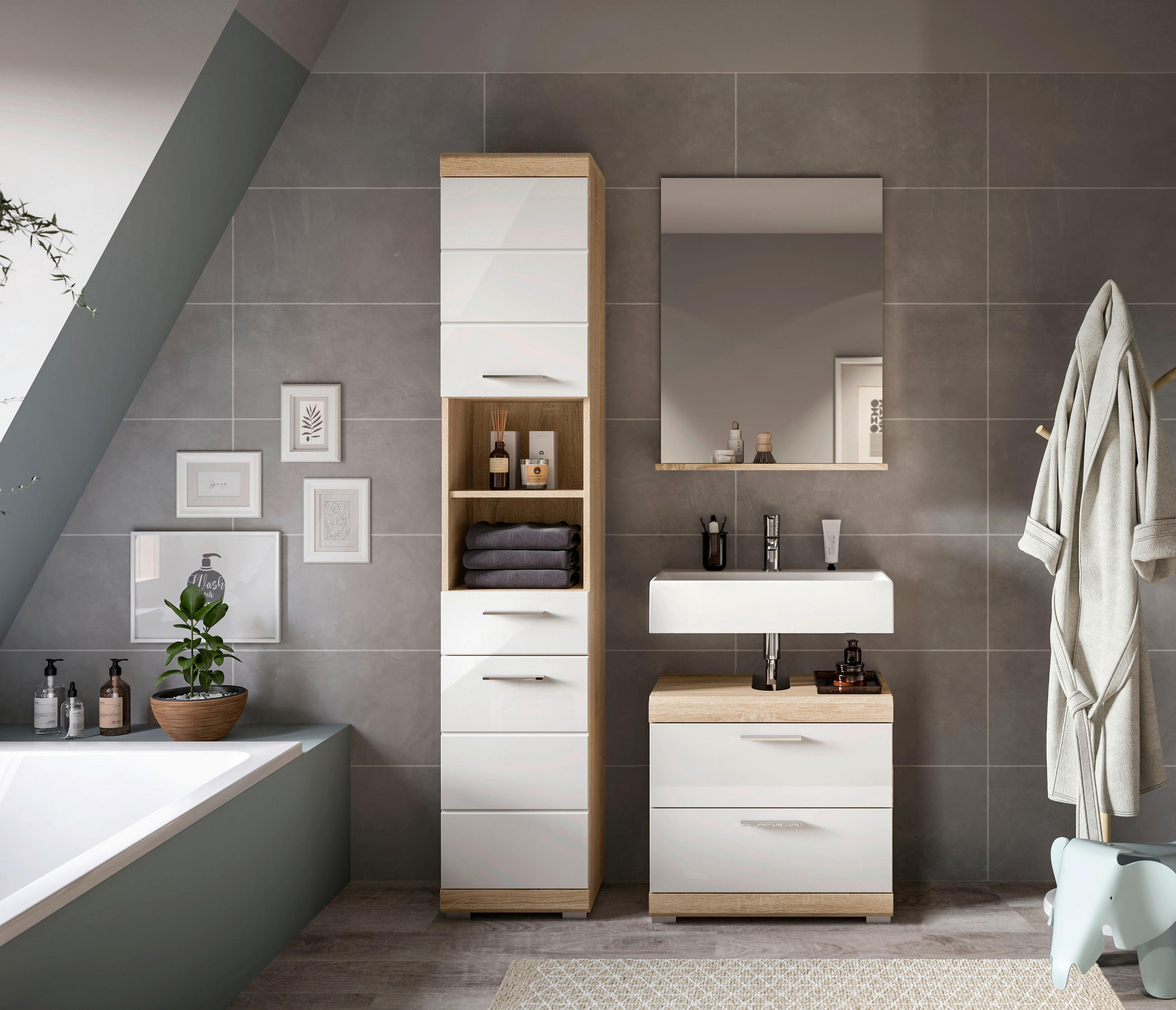 BADEZIMMER 3-teilig  in 97 cm  - Weiß Hochglanz/Silberfarben, MODERN, Glas/Holzwerkstoff (97cm) - MID.YOU