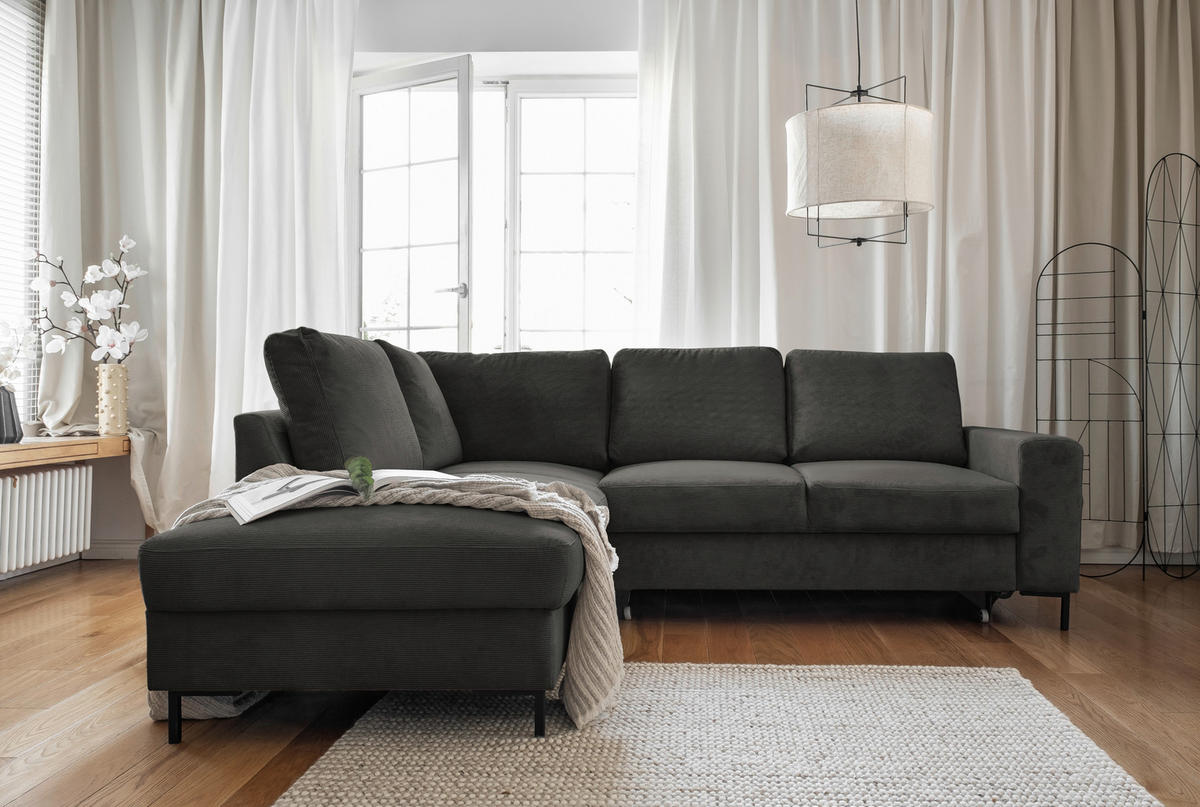 ECKSOFA in Cord Grau  - Schwarz/Grau, Design, Textil/Metall (197/237cm) - MID.YOU