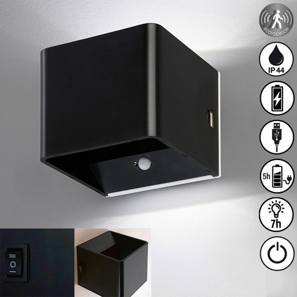 AKKU-WANDLEUCHTE - Schwarz, Design, Metall (8/10,5/10,5cm)
