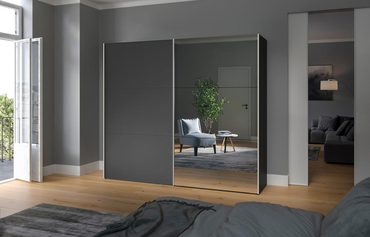 SCHWEBETÜRENSCHRANK  in Anthrazit, Schwarz  - Edelstahlfarben/Anthrazit, Design, Glas/Holzwerkstoff (253/195/65cm) - Carryhome