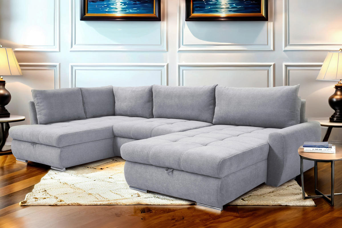 ECKSOFA Hellgrau Velours  - Chromfarben/Hellgrau, Design, Kunststoff/Textil (173/322/174cm) - Livetastic