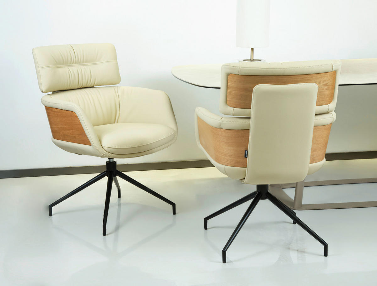 ARMLEHNSTUHL  Sitzfläche 360° drehbar, automatische Rückholfunktion  Echtleder  Schwarz, Eichefarben, Beige  - Eichefarben/Beige, Design, Leder/Holz (62/92/66cm) - Dieter Knoll