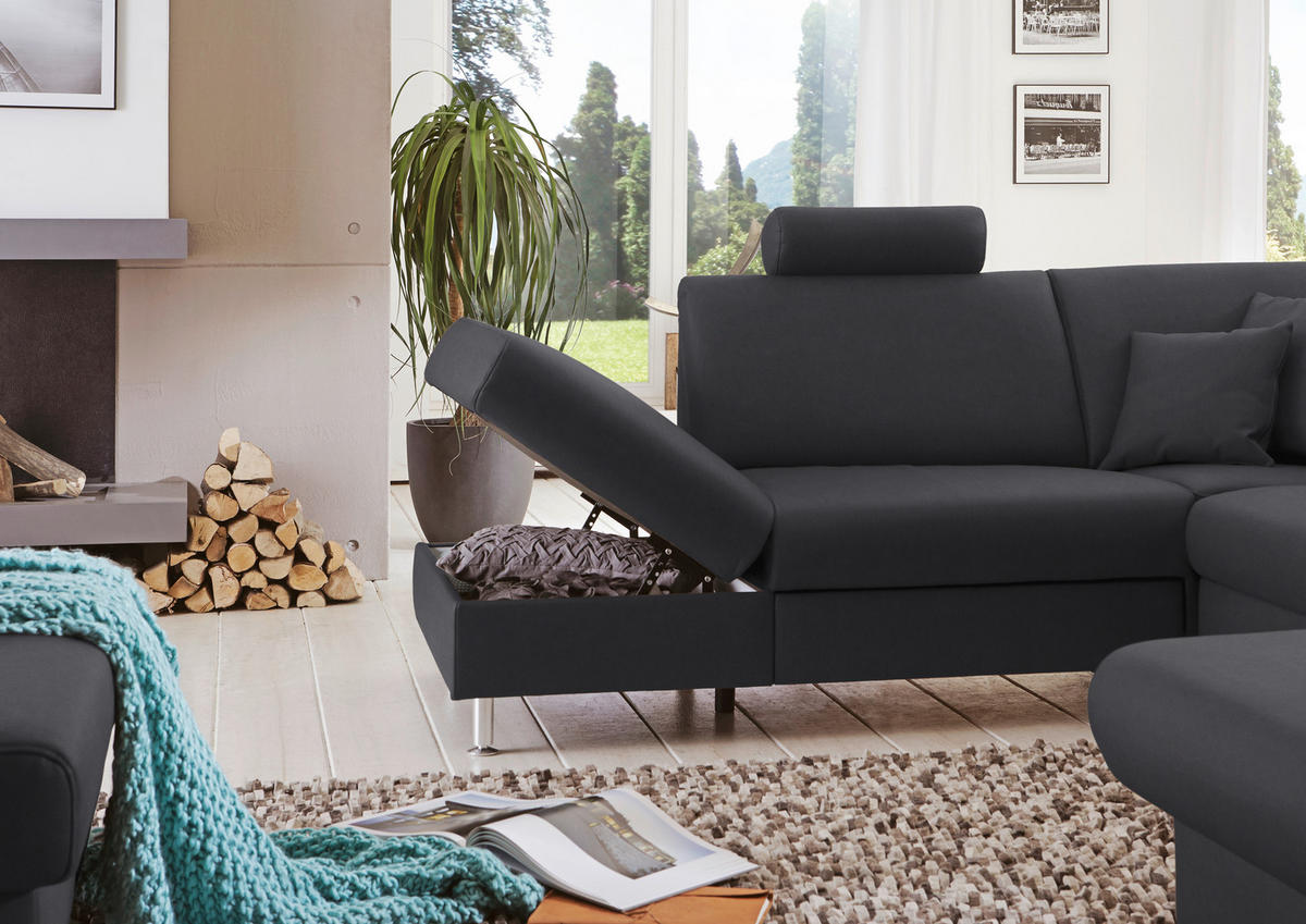 WOHNLANDSCHAFT in Echtleder Anthrazit  - Anthrazit/Alufarben, Design, Leder/Metall (233/339/165cm) - Beldomo Premium