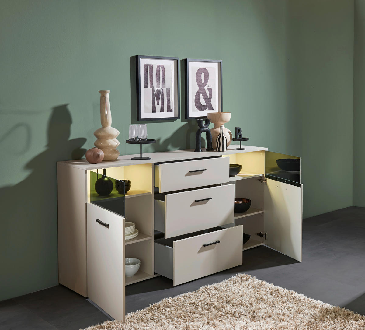 SIDEBOARD  in 180/86/38 cm  - Kaschmir/Schwarz, Design, Glas/Holzwerkstoff (180/86/38cm) - MID.YOU