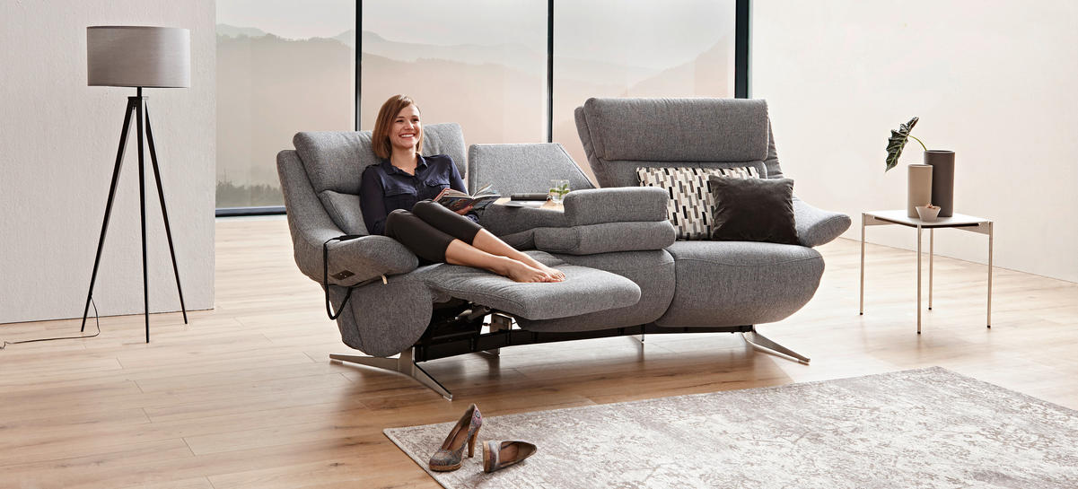 HEIMKINO-SOFA Chenille Grau  - Edelstahlfarben/Grau, KONVENTIONELL, Holz/Textil (221/107/106cm) - Himolla Komfortklass