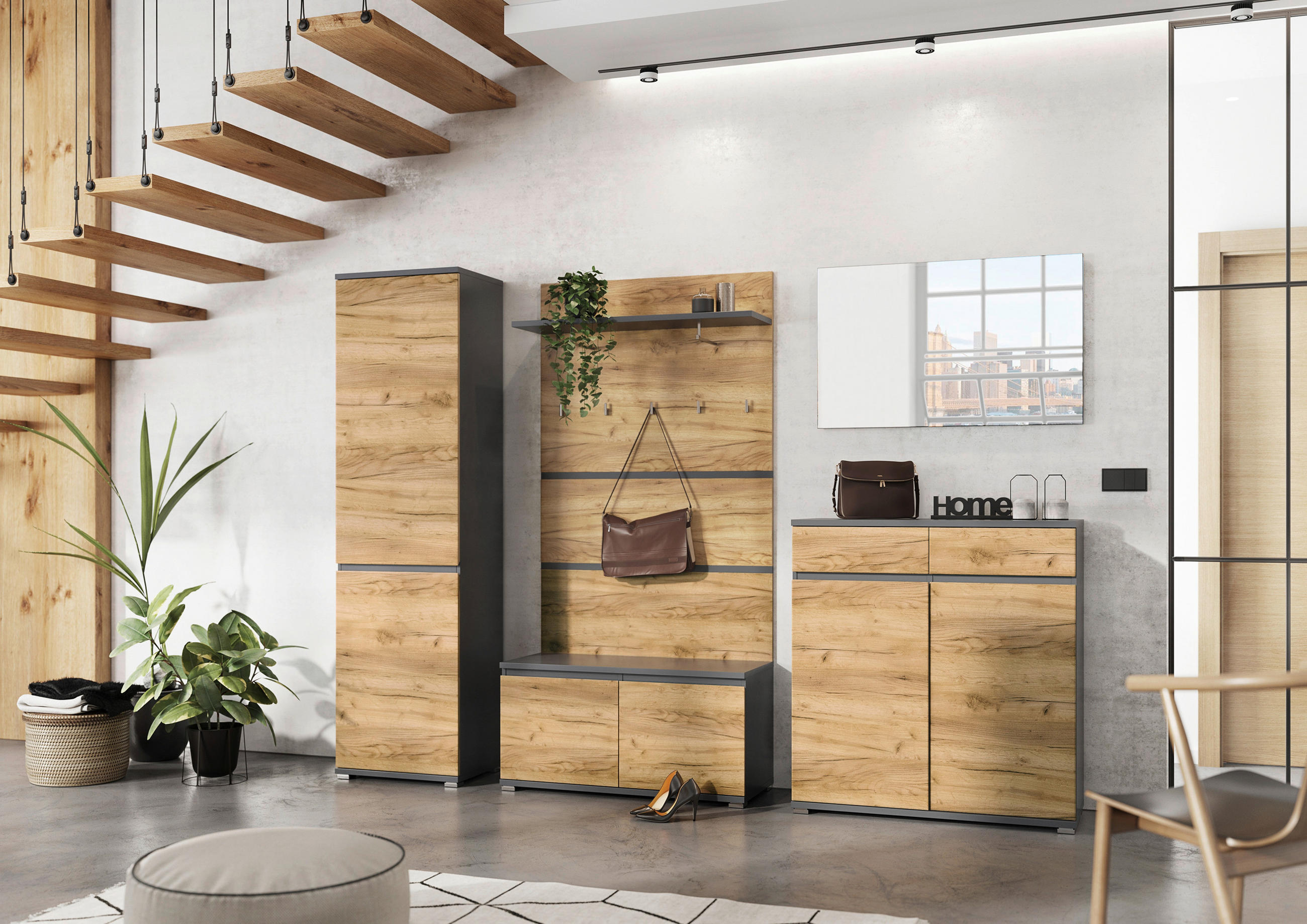 GARDEROBE 5-teilig  in 276/200/40 cm  - Eichefarben/Anthrazit, Design, Holzwerkstoff (276/200/40cm)
