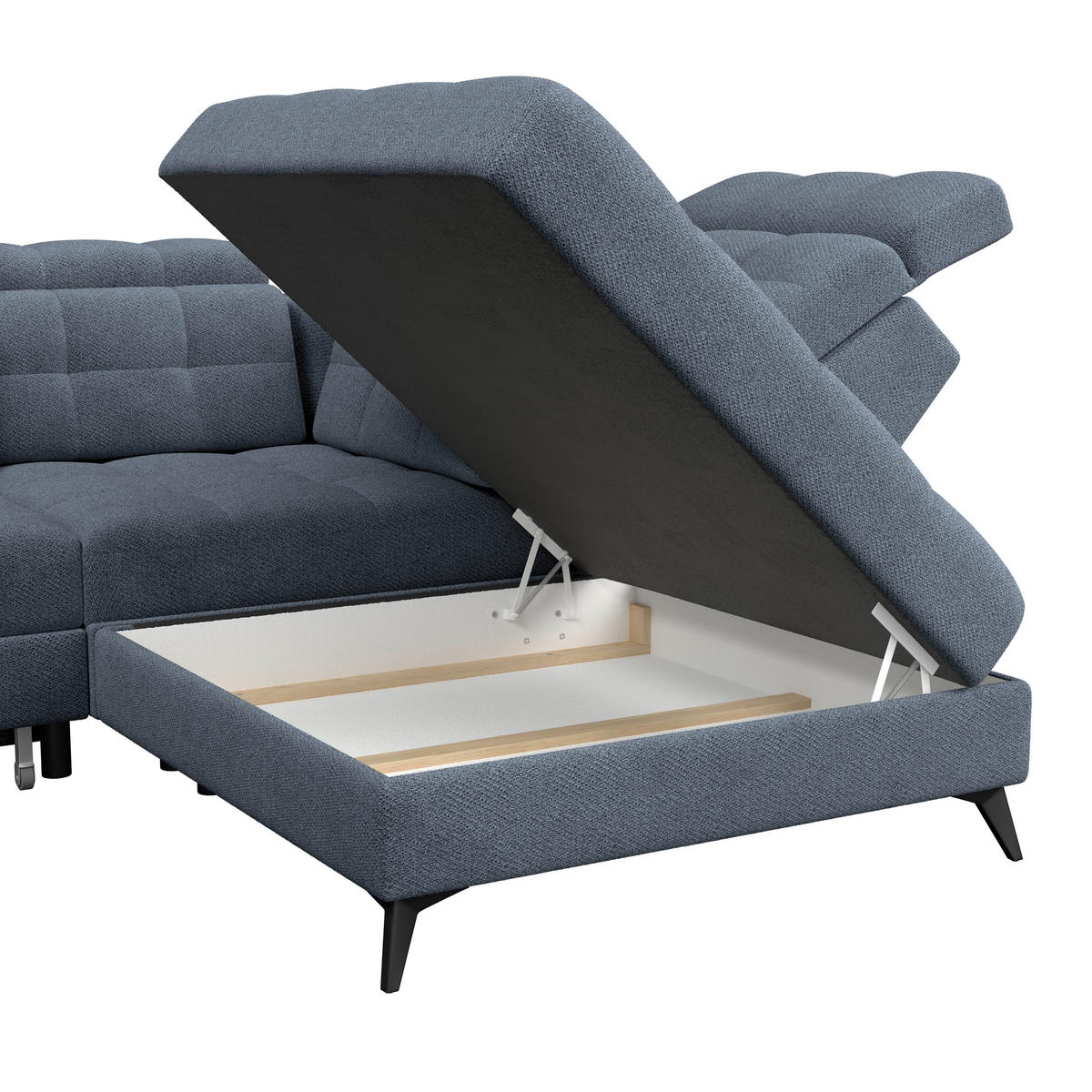 ECKSOFA BARLETTA NEW Blau Velours Bettkasten, Kopfteilverstellung, Sitztiefenverstellung, Liegefläche im Originalstoff  - Blau/Schwarz, ROMANTIK / LANDHAUS, Textil/Metall (289/228cm) - MID.YOU