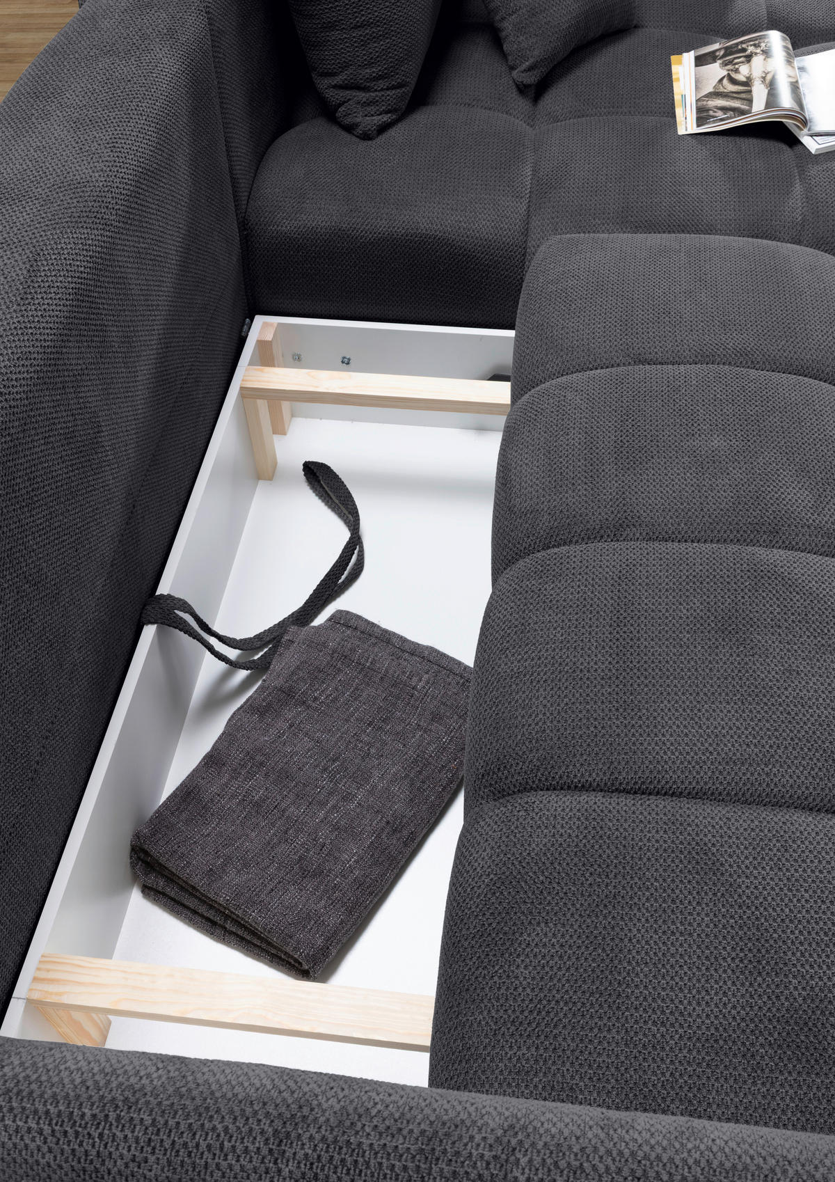 ECKSOFA Anthrazit Plüsch Zierkissen, Rückenkissen, Bettkasten, Schlaffunktion, Rücken echt, Liegefläche im Originalstoff  - Anthrazit/Schwarz, KONVENTIONELL, Kunststoff/Textil (253/192cm) - Carryhome