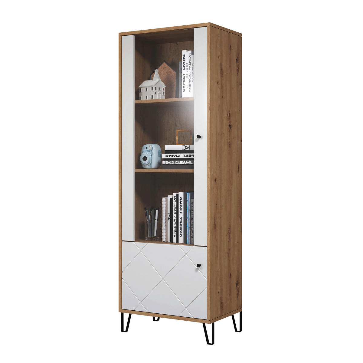 VITRINE TOUCH in Eiche Artisan, Weiß  - Schwarz/Weiß, Design, Glas/Holzwerkstoff (63/40/172cm) - MID.YOU