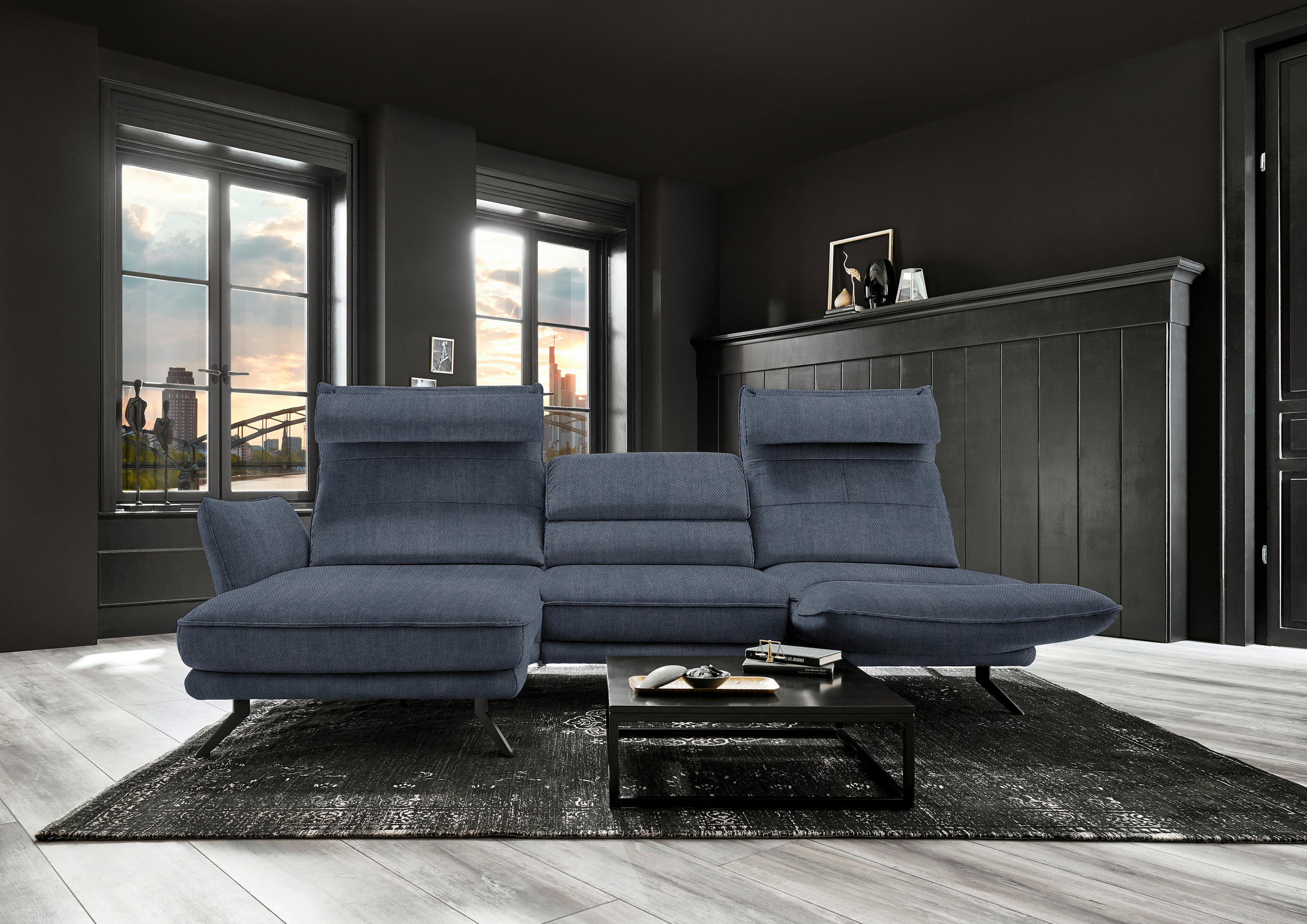 ECKSOFA in Velours Blau  - Blau/Schwarz, Design, Textil/Metall (153/283cm) - Valdera