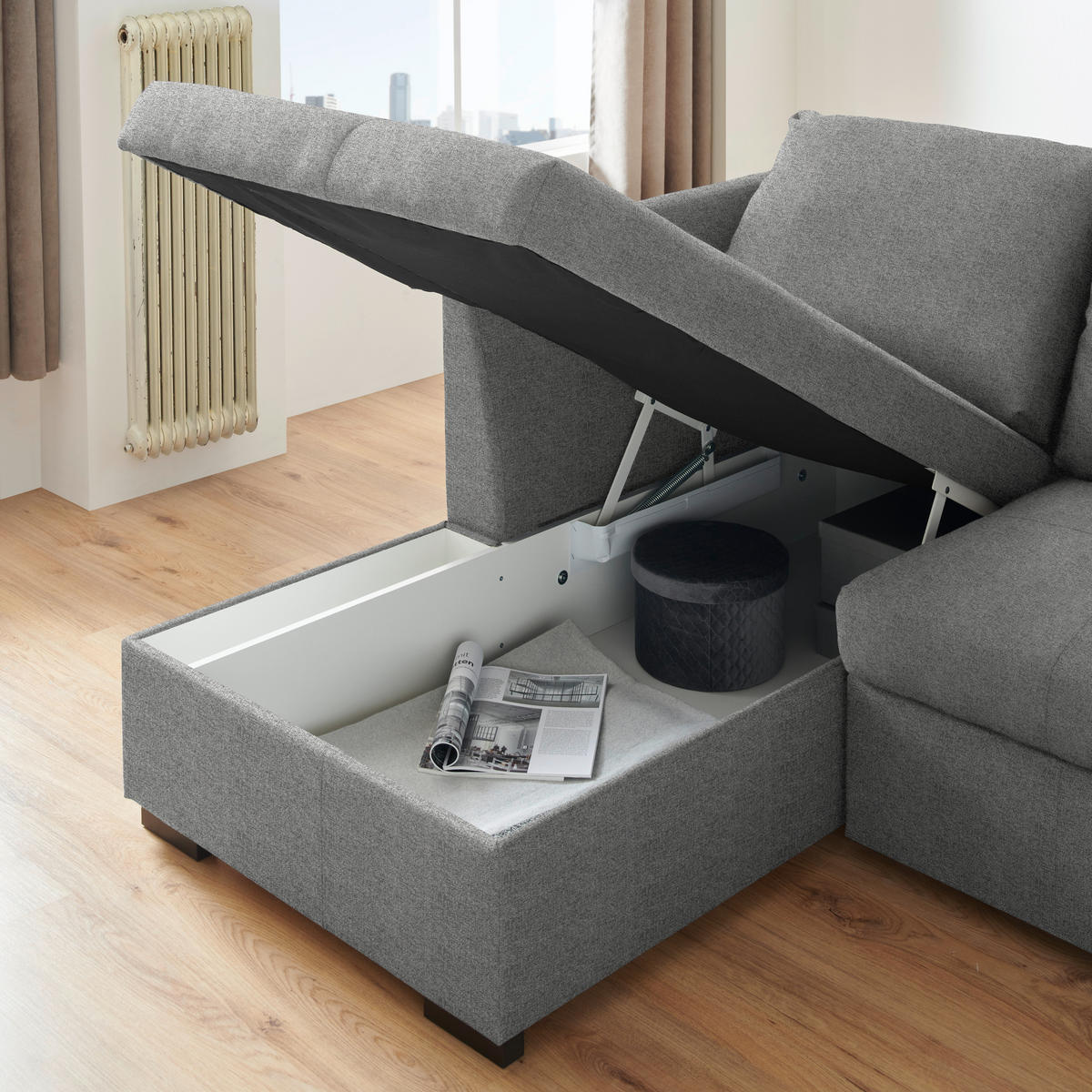 ECKSOFA in Webstoff Hellgrau  - Hellgrau/Schwarz, Design, Kunststoff/Textil (158/238cm) - Livetastic