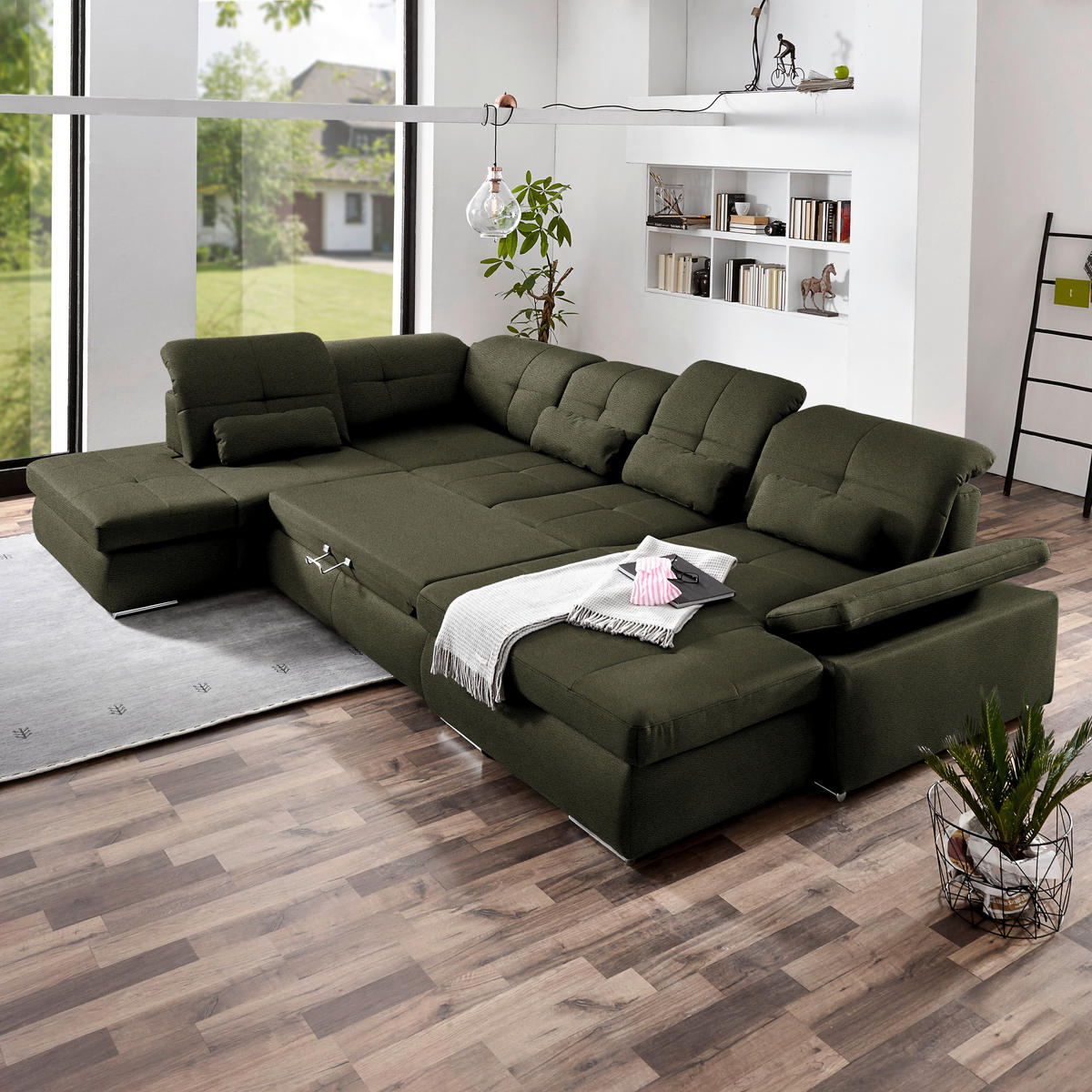 WOHNLANDSCHAFT  in Mikrofaser Olivgrün  - Chromfarben/Olivgrün, Design, Holzwerkstoff/Textil (260/371/195cm) - Beldomo Style