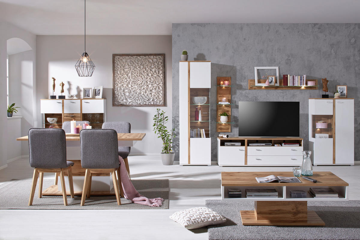 VISOKA KOMODA   142/131/37 cm   bela, boja hrasta  - boja hroma/boja hrasta, Moderno, metal/pločasti materijal (142/131/37cm) - Hom`in